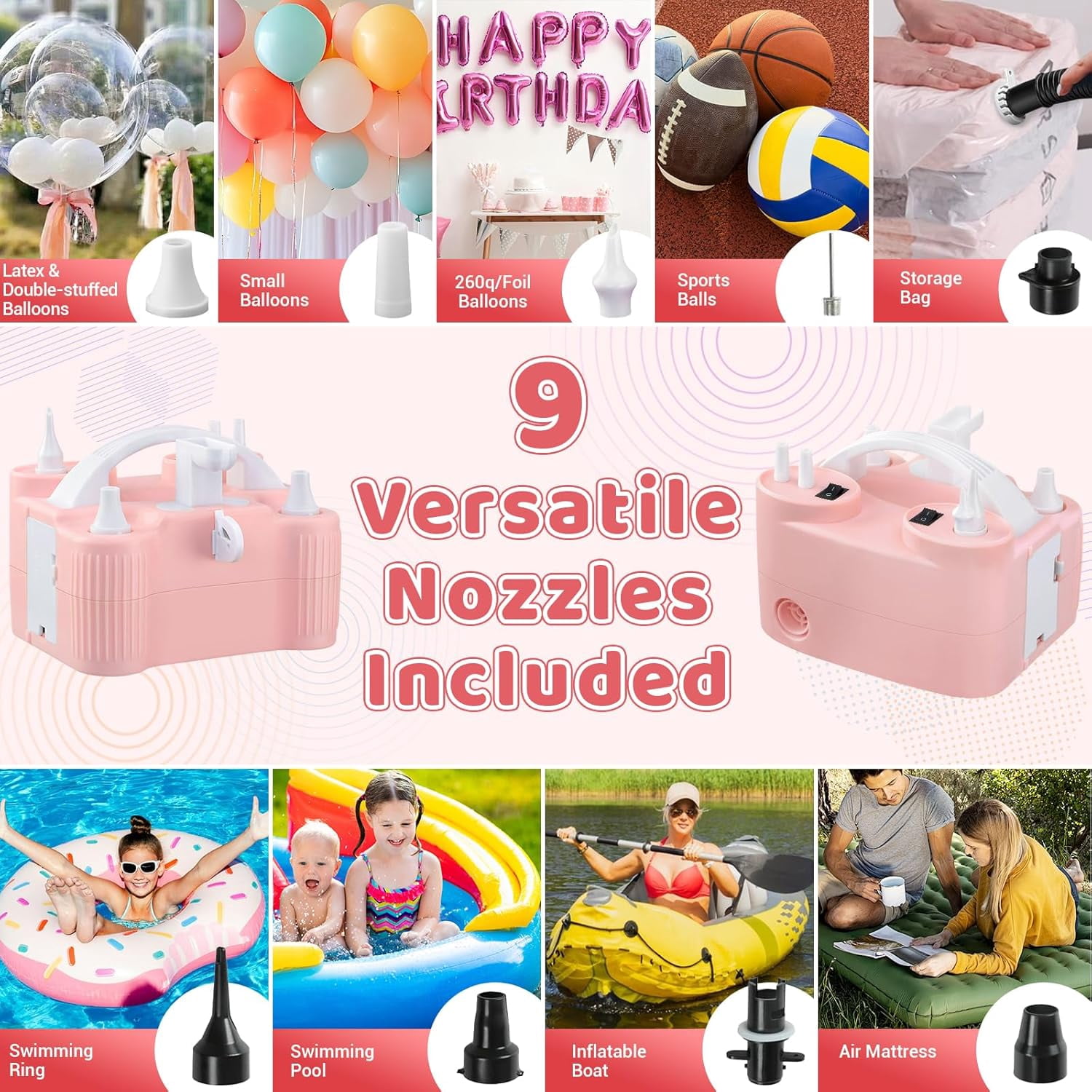 PPXIA 4-in-1 Electric Balloon Pump, Portable Dual Nozzle High Power Air Blower for Latex Foil Balloons and Pool Floats (Pink) d2tbx