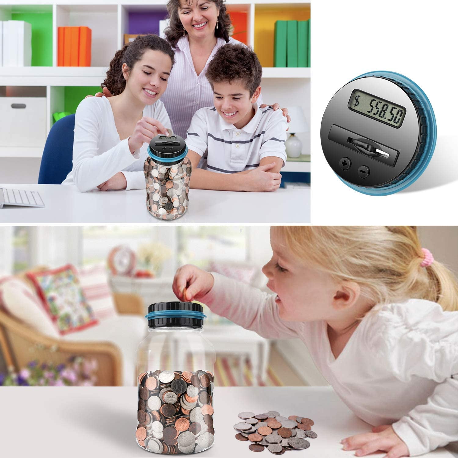 QISHI Digital Piggy Bank with LCD Coin Counter, Large Capacity Savings Jar for US Coins (Blue, 1.8 L) vikqj