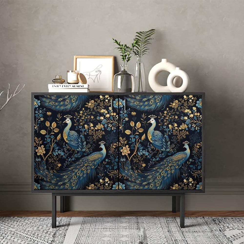Usachibb Peel and Stick Wallpaper Vintage Peacock Floral Contact Paper for Furniture and Walls (Gold, 17.7 in x 118.1 in) 5b86z
