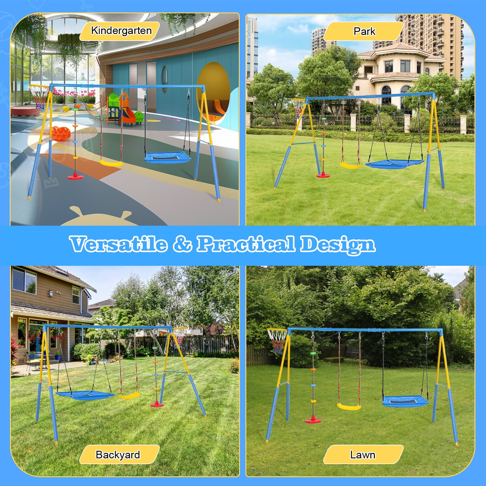 KALNUR 4-in-1 Outdoor Metal Swing Set with Saucer Swing, Climbing Rope, and Basketball Hoop (Blue, 127 in x 79 in x 80 in) qk5dz