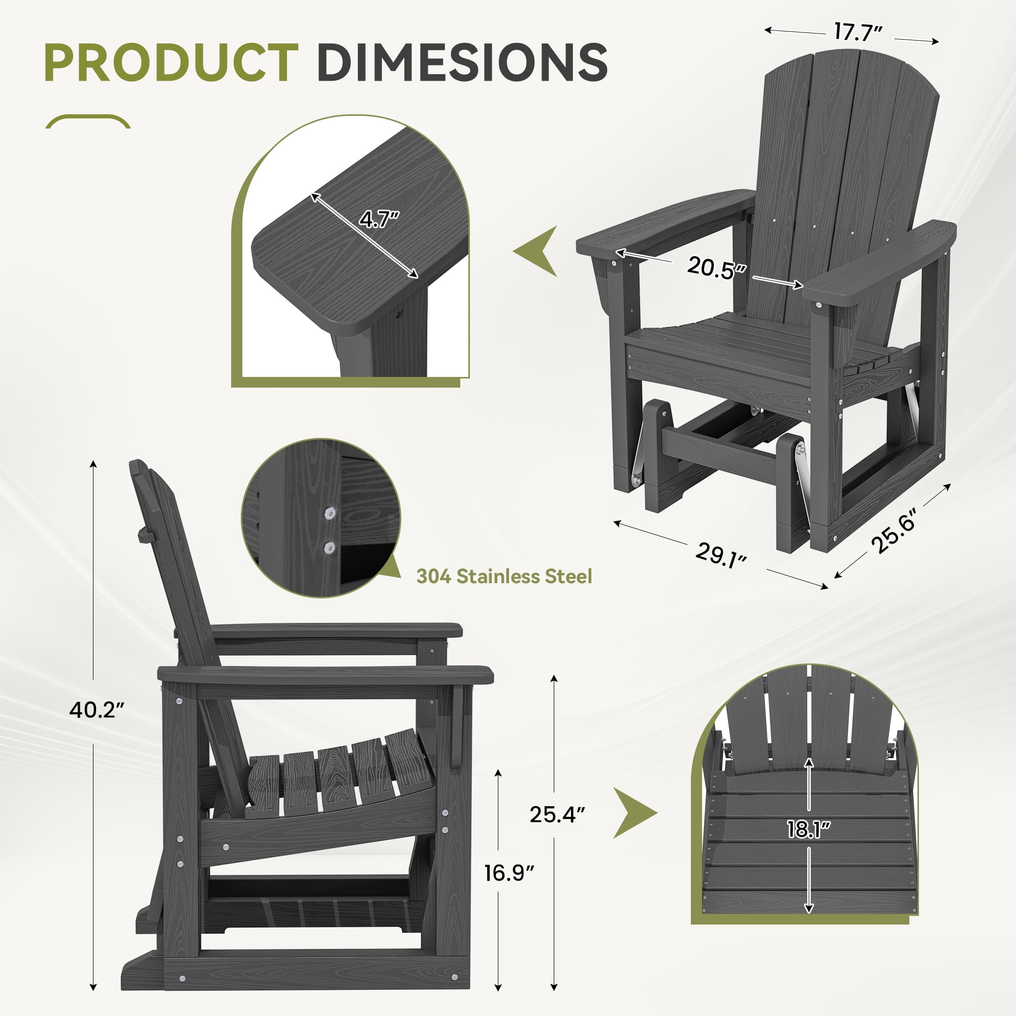 SERWALL Outdoor Glider Chair, All-Weather HDPE Patio Rocker with Ergonomic Design (Gray, 29.1 in W x 25.6 in D x 40.2 in H) 9lx8t