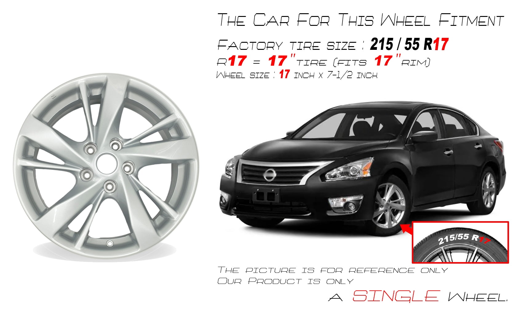 Velospinner 17 in Alloy Wheel Replacement for Nissan Altima 2013-2016 (Silver, 17x7.5 in) 7p0yp