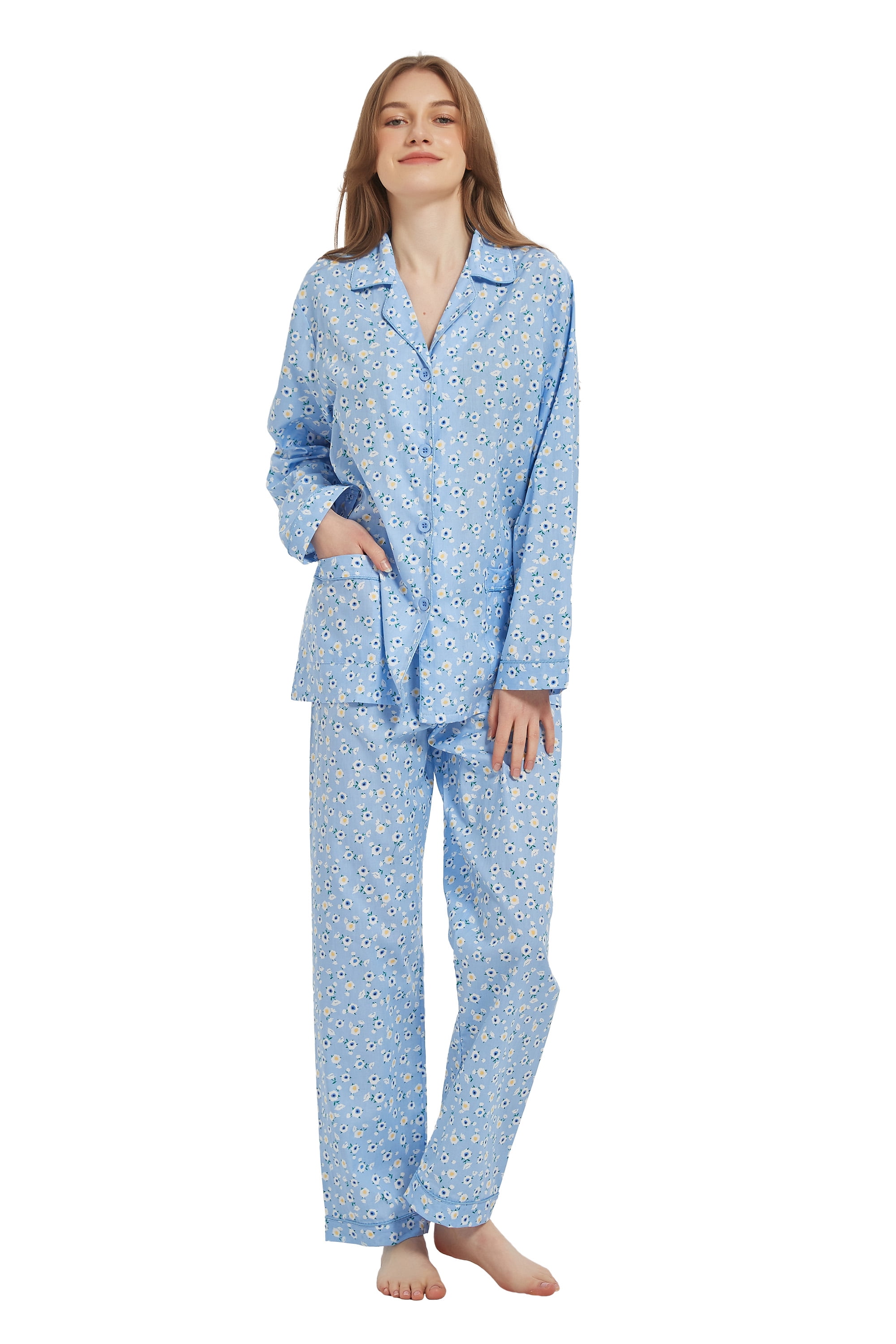 Kolipajam Women's Cotton Pajama Set Long-Sleeve Button Down Sleepwear (Blue, Large) zsfty