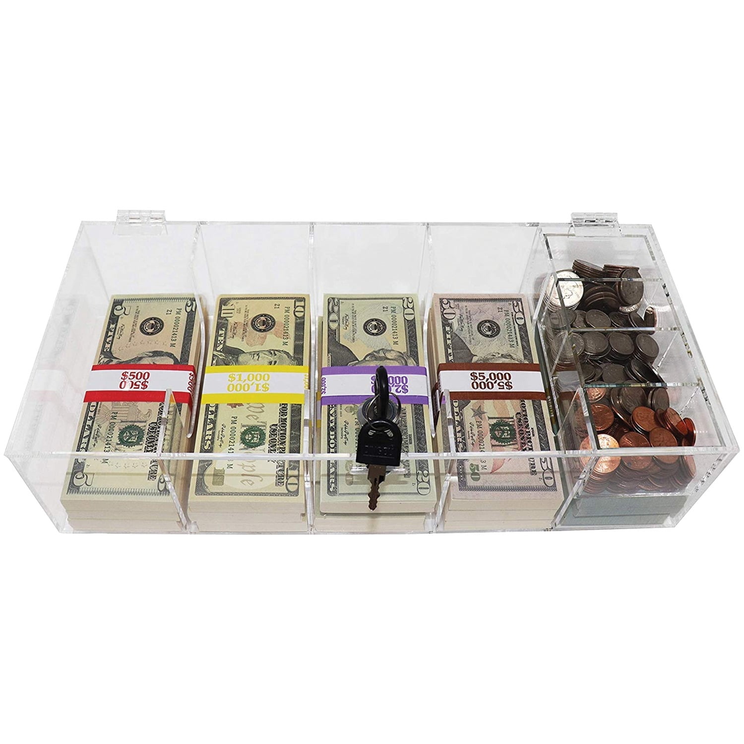 Nadex 5-Compartment Currency Tray with Locking Cover and Removable Coin Insert (Clear, 15.38 in x 7 in x 4 in) qcy04