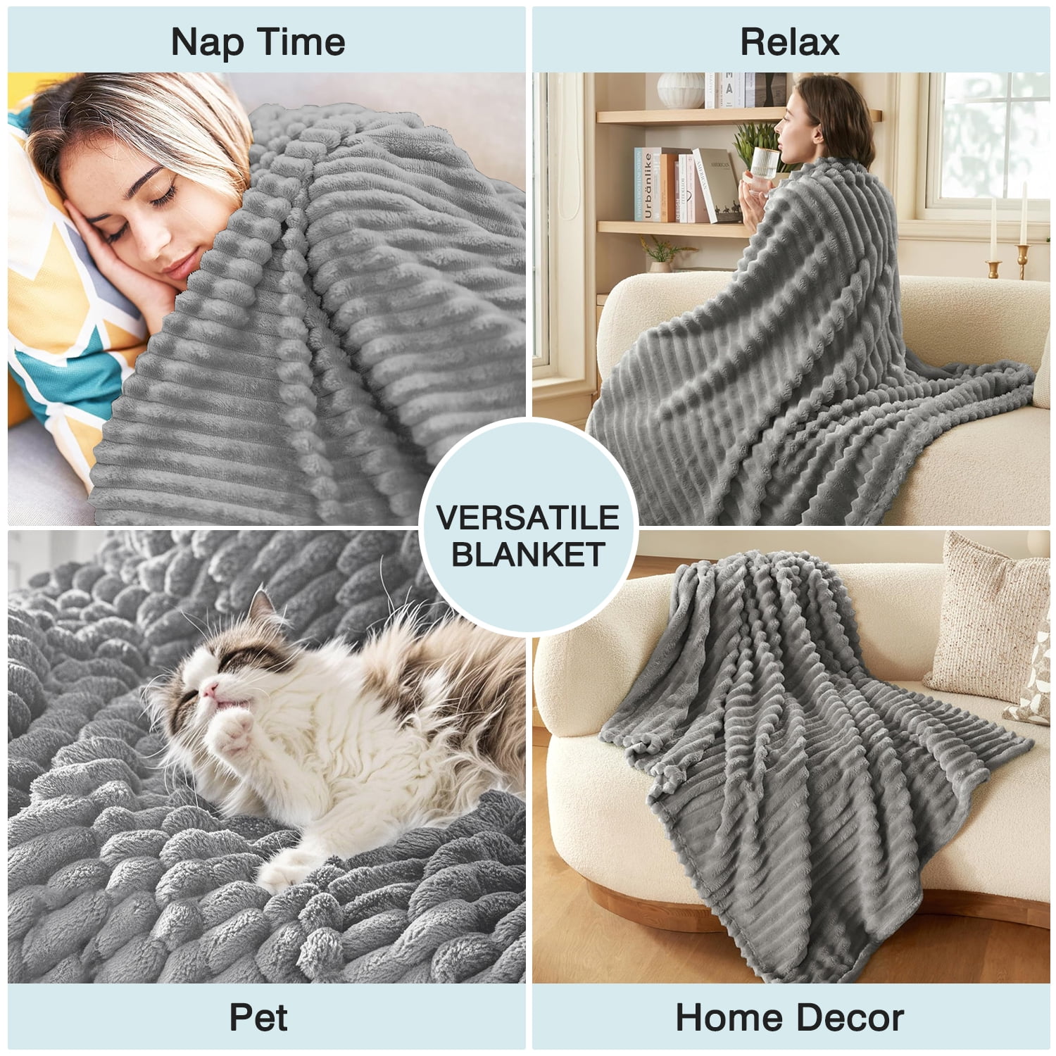 Cshidworld Plush Throw Blanket, Extra Soft Ribbed Fuzzy Bed and Sofa Throw (Gray, 50x60 in) 1amln