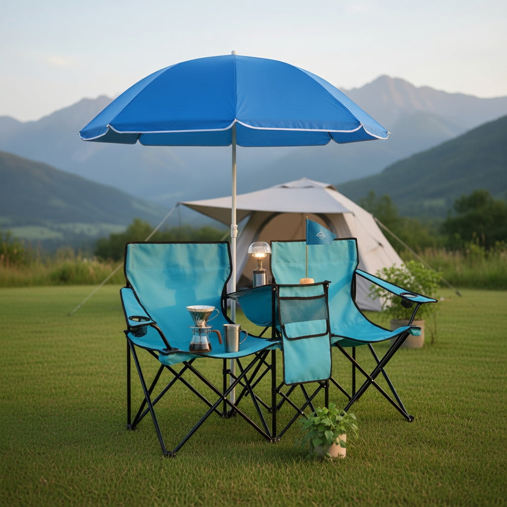 Topcobe Double Folding Picnic Chair with Umbrella and Cooler Bag (Turquoise, 2-Seat) il2p3