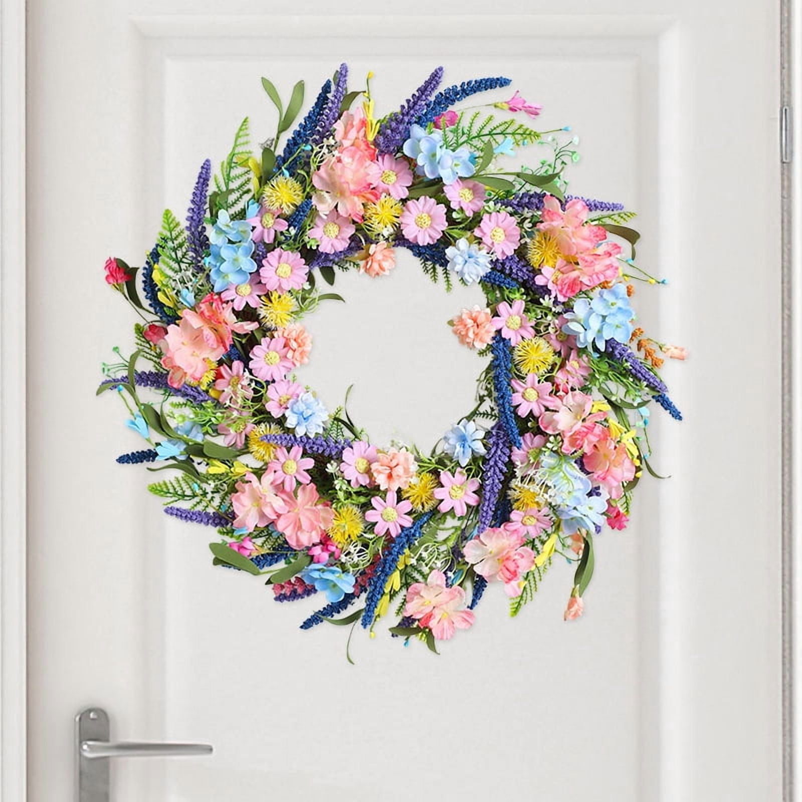 KLPIZB Spring Summer Floral Wreath, Daisy and Lavender Farmhouse Decor for Front Door (Multicolor, 18 in) 9hbjh