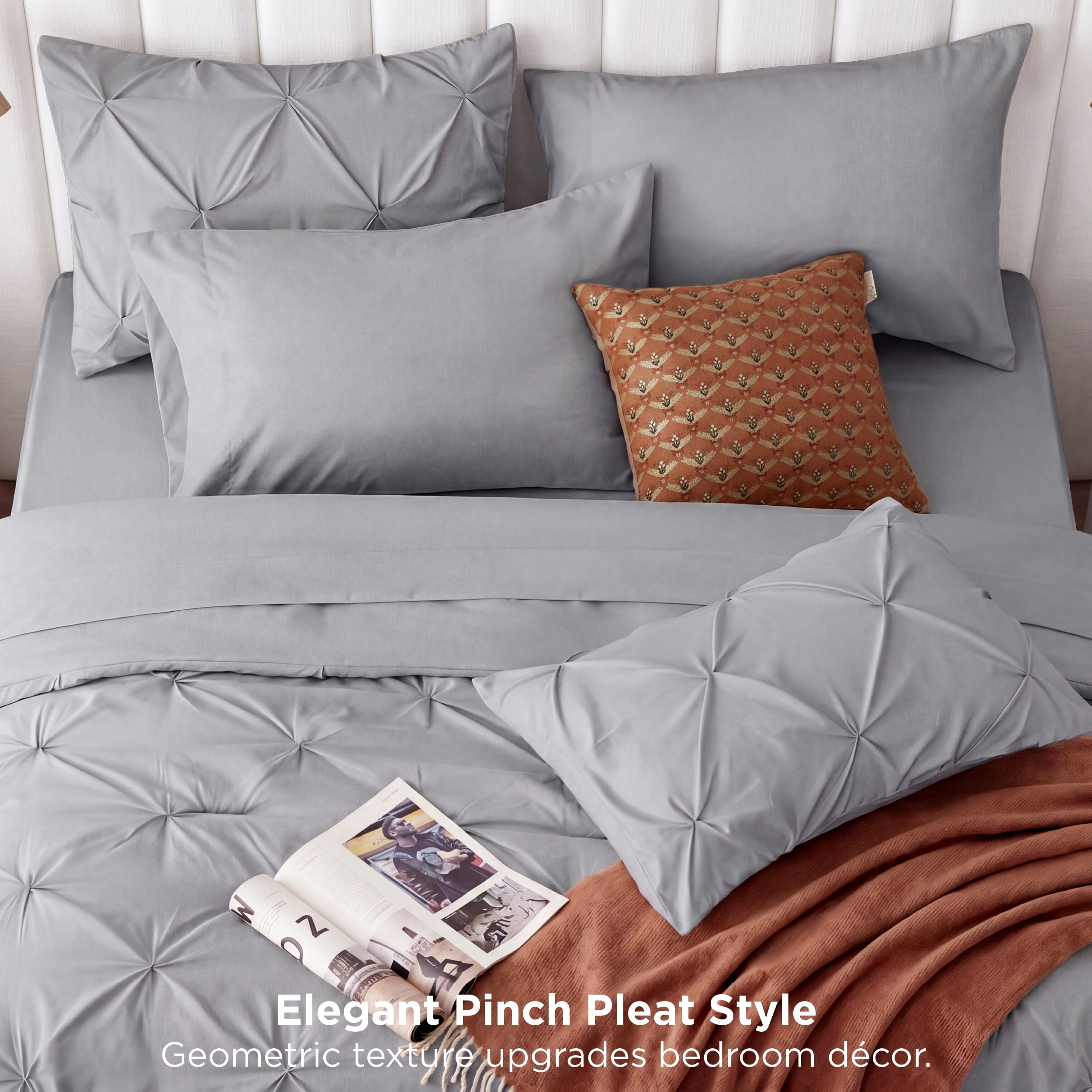 U by Bedsure Queen Comforter Set (Grey, 7-Piece Pinch Pleat All-Season Bedding) f1ptv