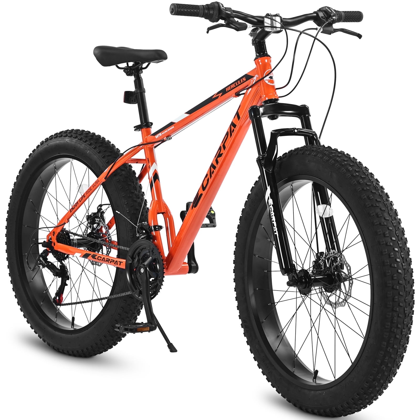 Ecarpat 26 Inch Fat Tire Mountain Bike, 21-Speed All-Terrain MTB with Dual Disc Brakes and Front Suspension (Orange, 26 in) 5wrqs