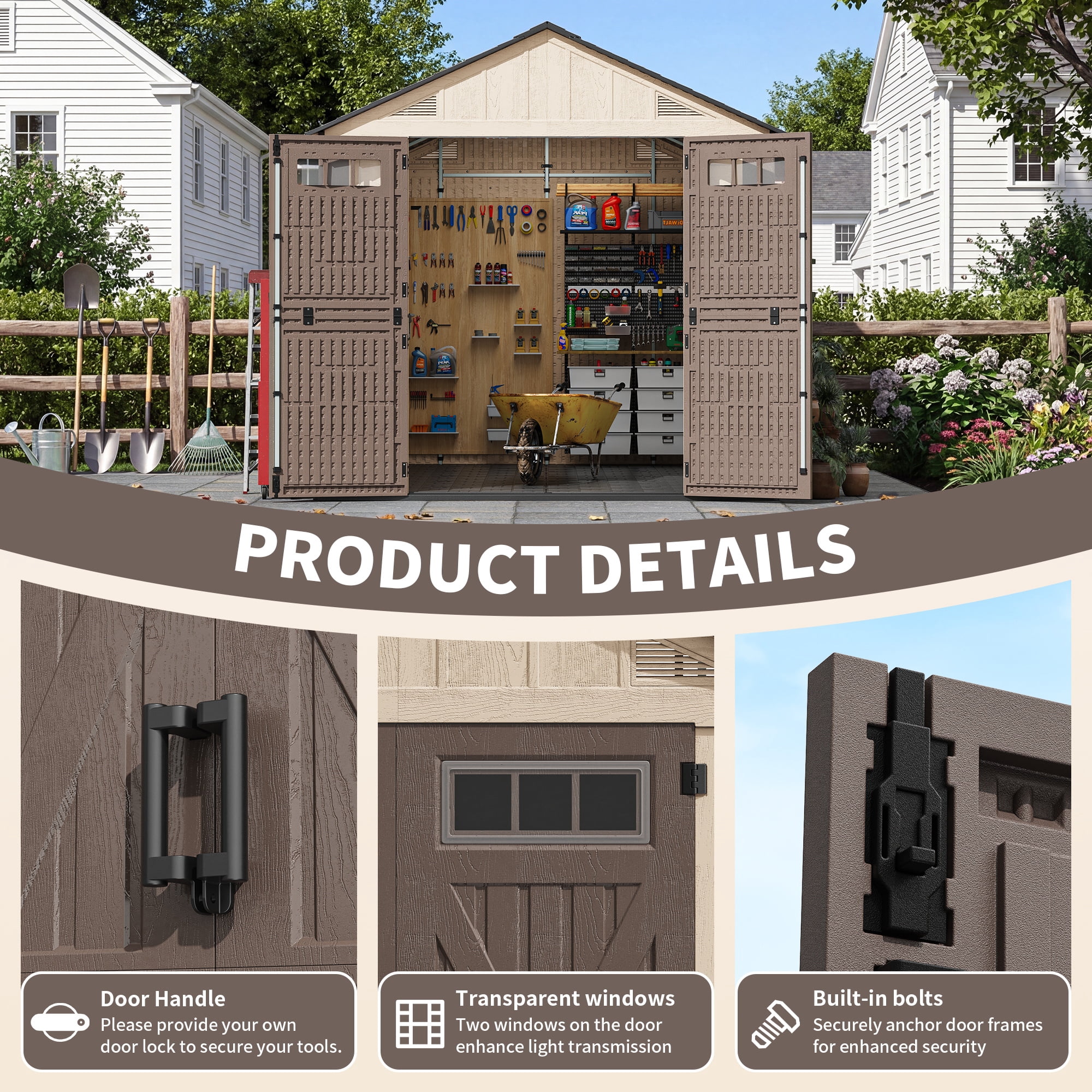 NETAJE Resin Outdoor Storage Shed, Heavy-Duty Weather-Resistant Tool House with Floor, Window, and Vents (Beige & Brown, 8 ft x 12 ft) ckpx1