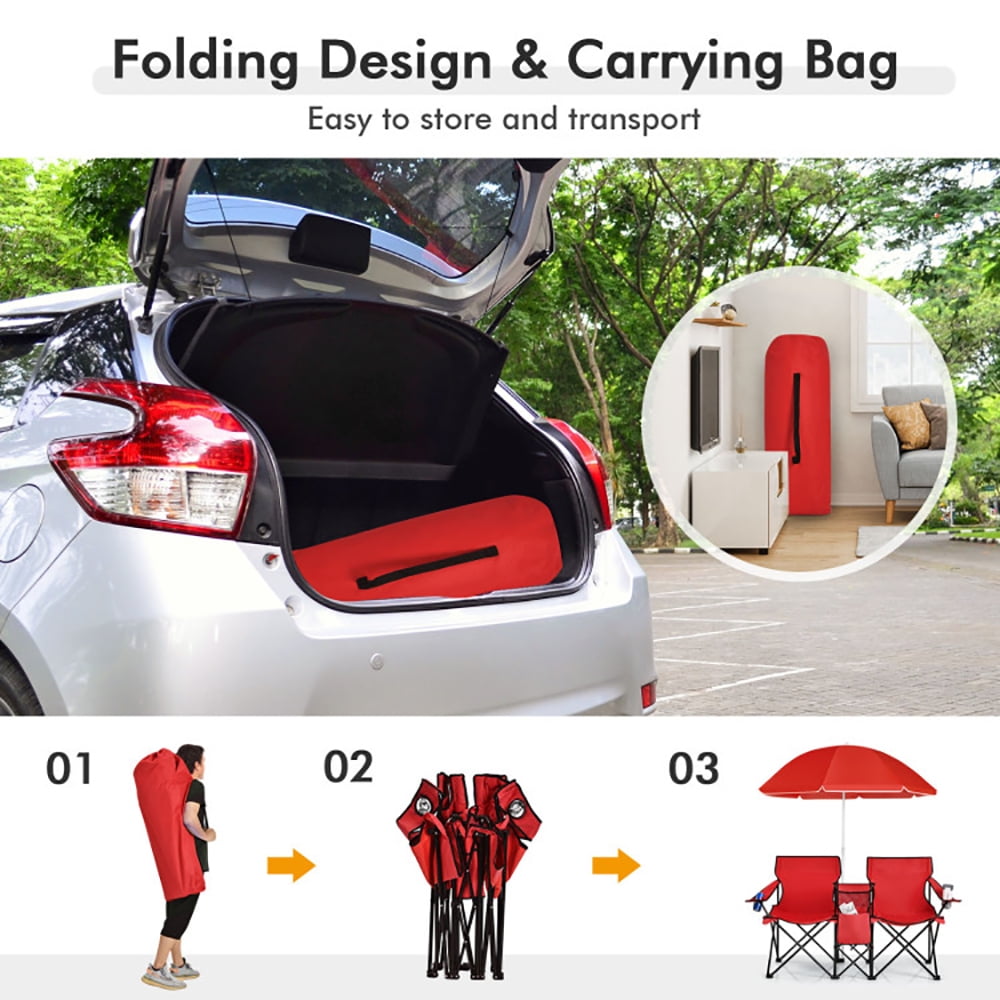 Aimee Lii Double Folding Picnic Chair with Umbrella, Outdoor Camping Loveseat with Cooler Bag and Beverage Holders (Red) sqkca