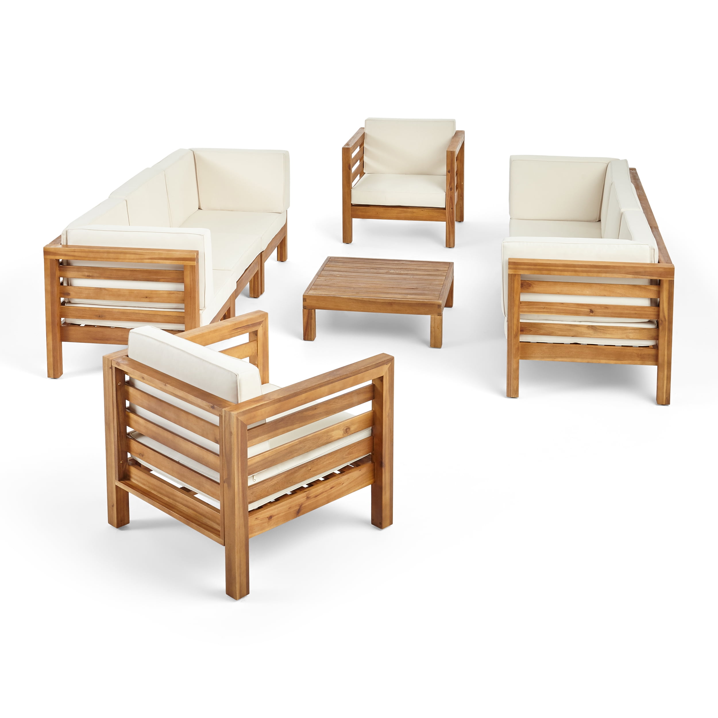 Noble House Frankie Outdoor 8-Seater Acacia Wood Sofa and Club Chair Set (Teak and Beige, 9-Piece Set) swd84