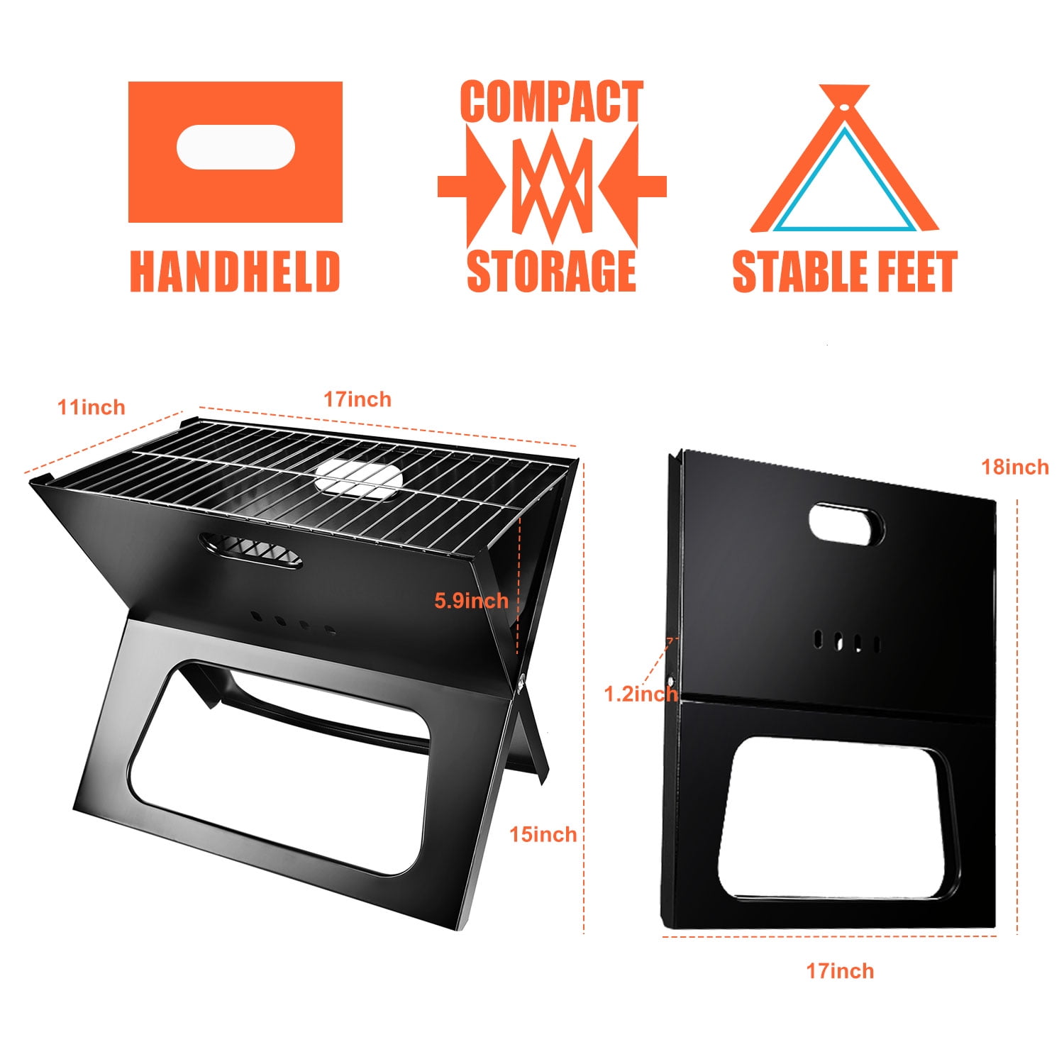 Imountek Portable Charcoal Grill, Foldable Outdoor Barbecue for Camping and Tailgating (Black, 17.1 x 11 x 14.8 in) 6effy