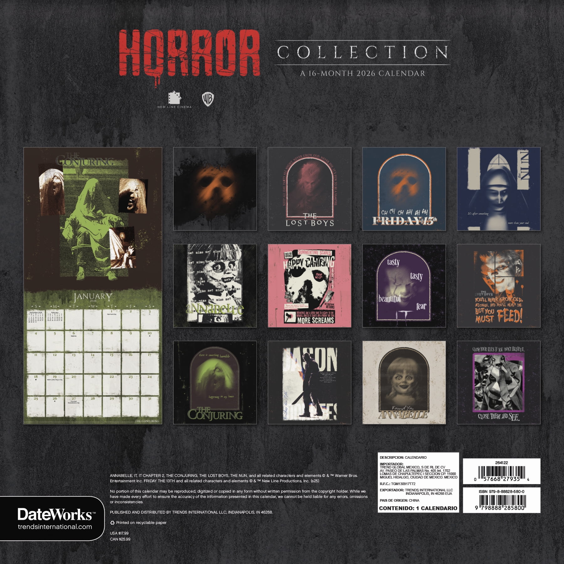 Trends International 2026 Horror Collection Wall Calendar (12 in x 12 in) r2jwn
