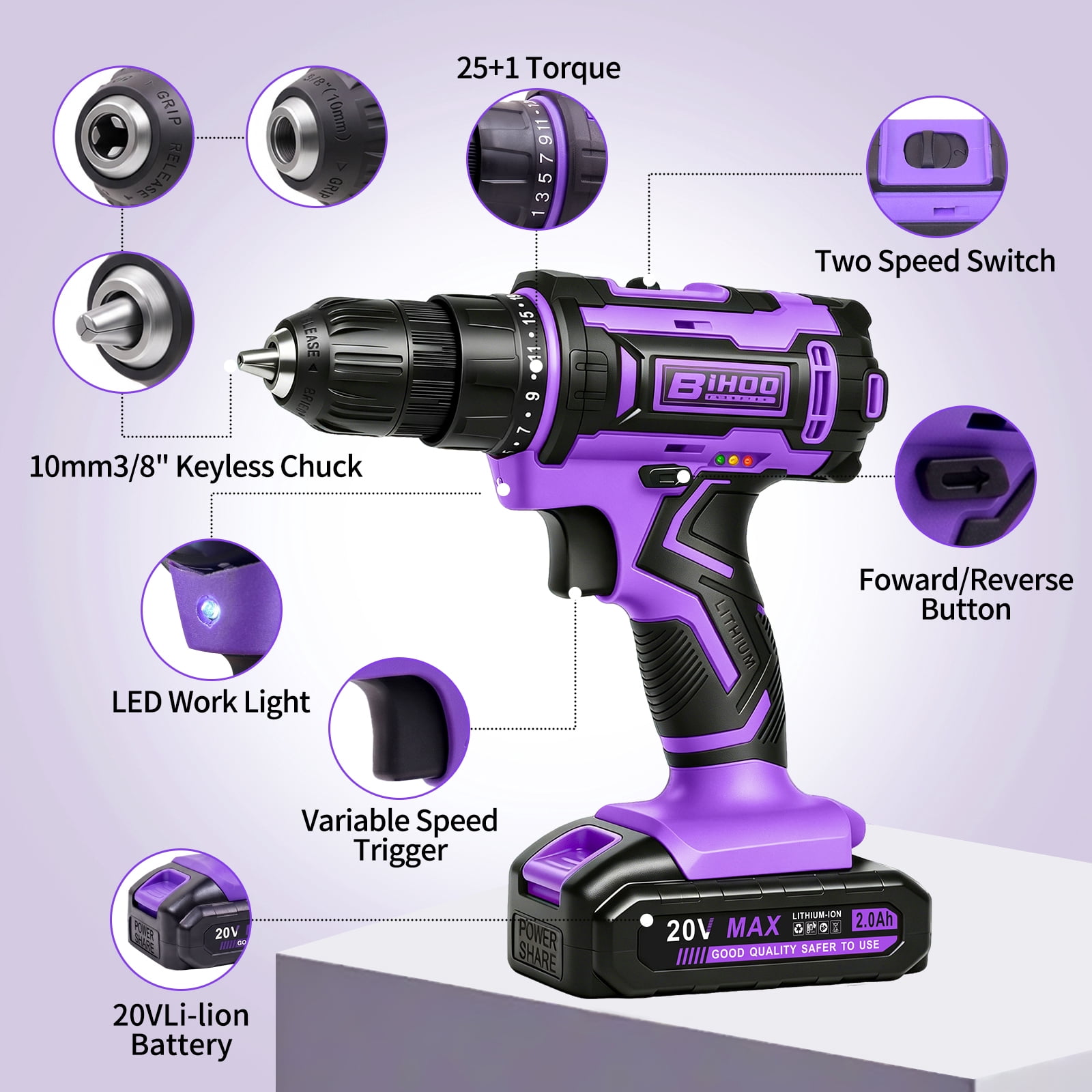 Loonpon 20V Cordless Power Drill Set with Battery and Charger (Purple, 3/8-Inch Chuck) yx8e0