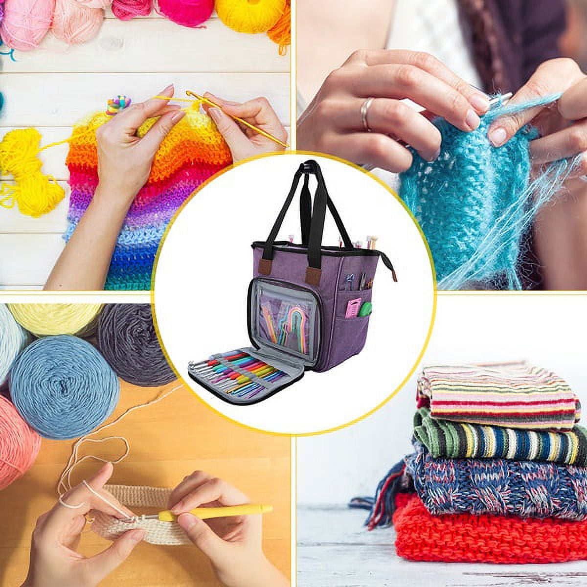 Jetcloudlive Yarn Storage Tote, Knitting Project Organizer Bag with Needle Compartments (Small, 5.7 in x 5.5 in) 6wxs1
