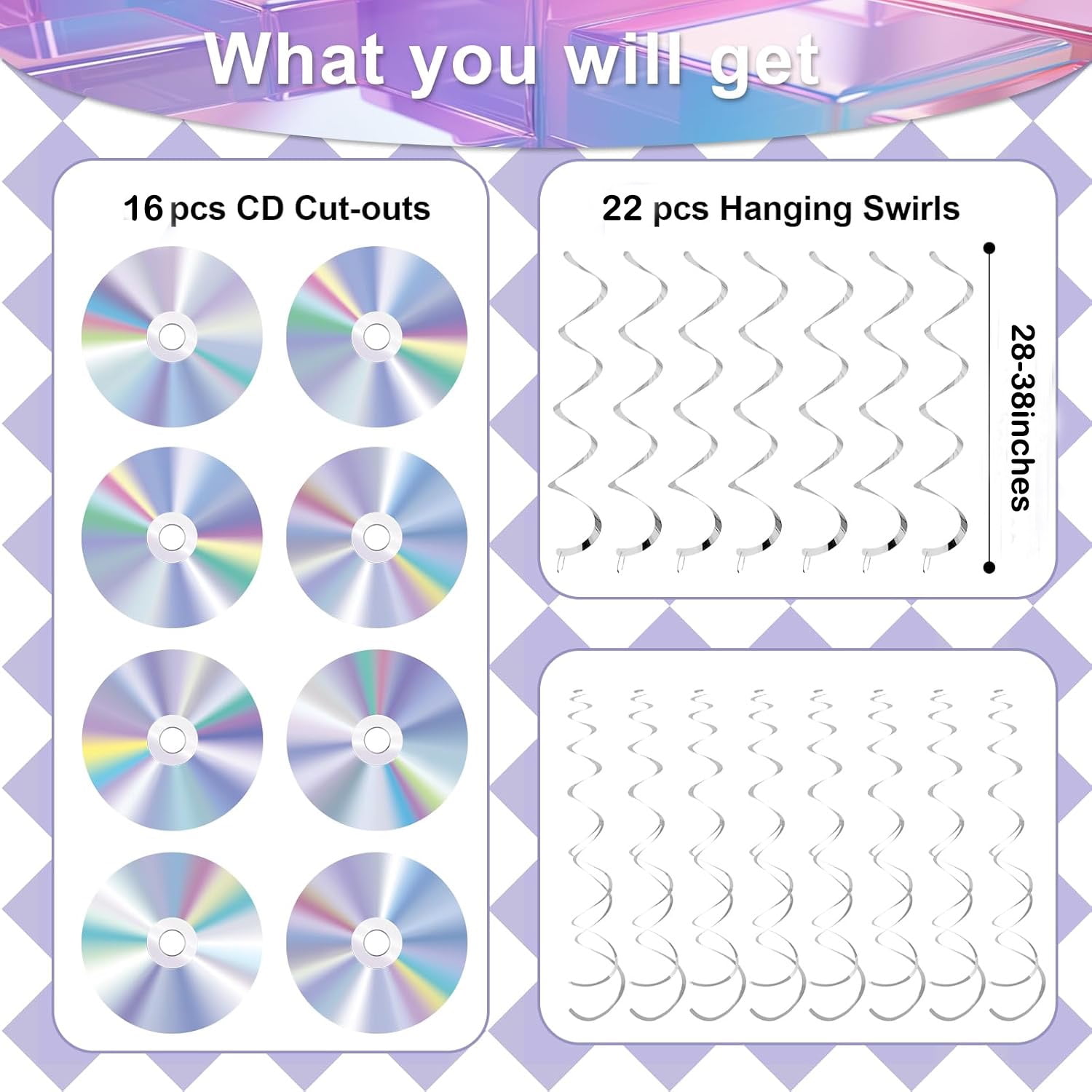 Xugoox 90s Retro Party Hanging Swirl Decorations (Iridescent CD Disc Theme, 38 Piece Set) wwewk