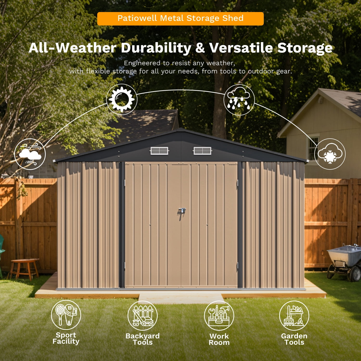 Patiowell Metal Outdoor Storage Shed, Weather-Resistant Garden Tool Organizer with Lockable Double Doors (Brown, 10x12 ft) la605