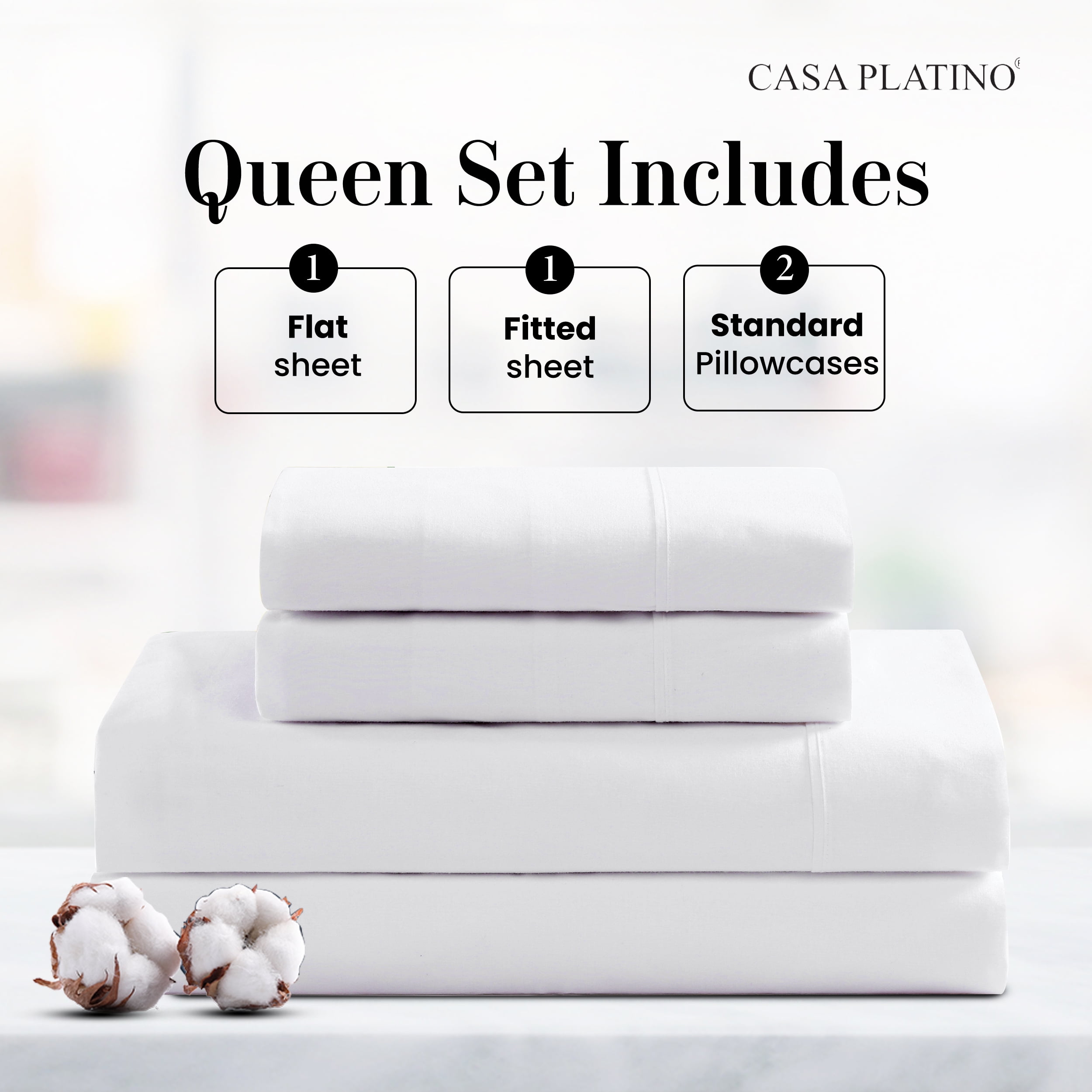 Casa Platino 100% Cotton Queen Sheet Set (4-Piece, Percale Weave, Deep Pocket, White) f0sq2