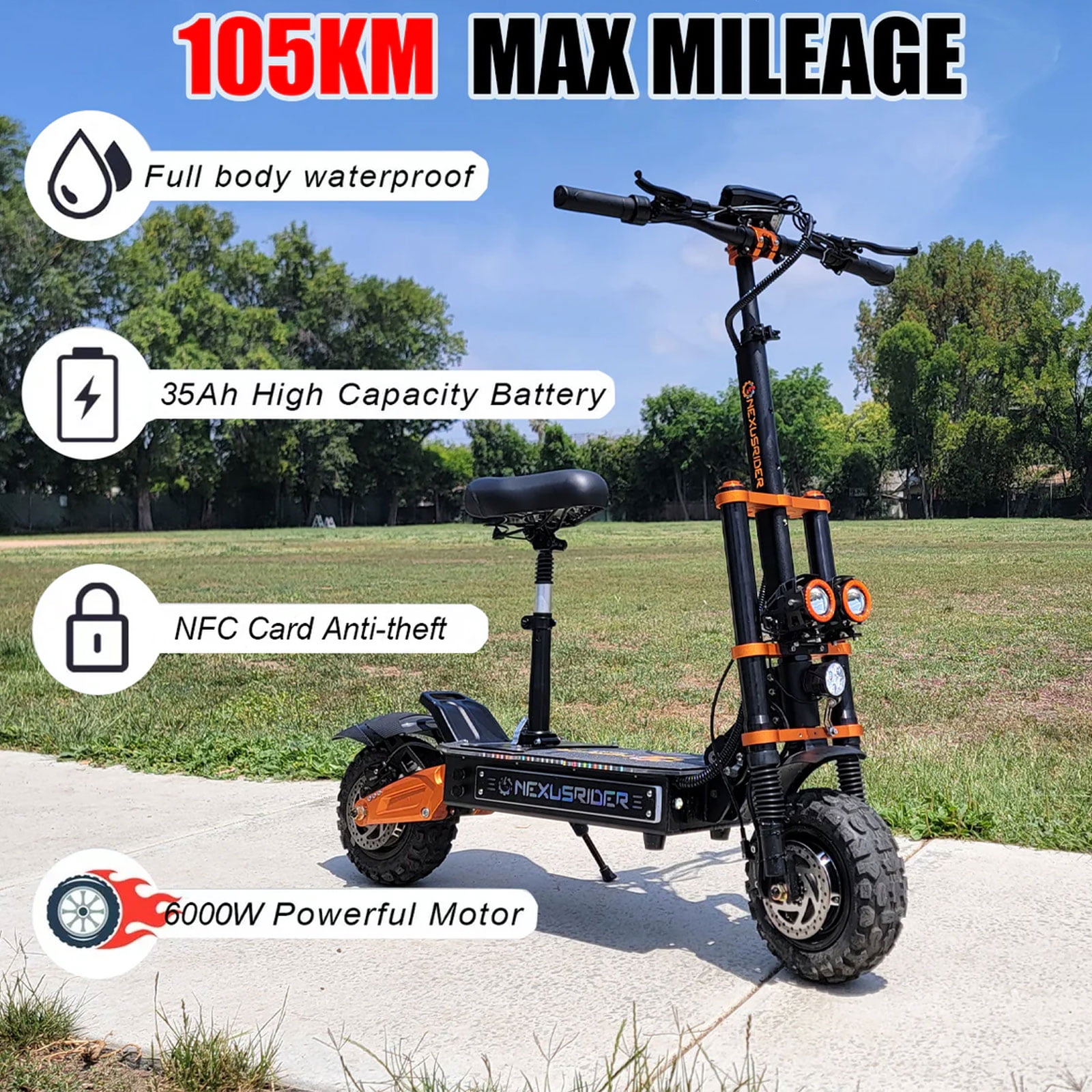 Geartist Electric Scooter for Adults, 6000W Dual Motor Off-Road Commuter, 58 MPH Max Speed, 60 Miles Range, 11-inch All-Terrain Tires (Orange, 60V 35Ah) 68db2