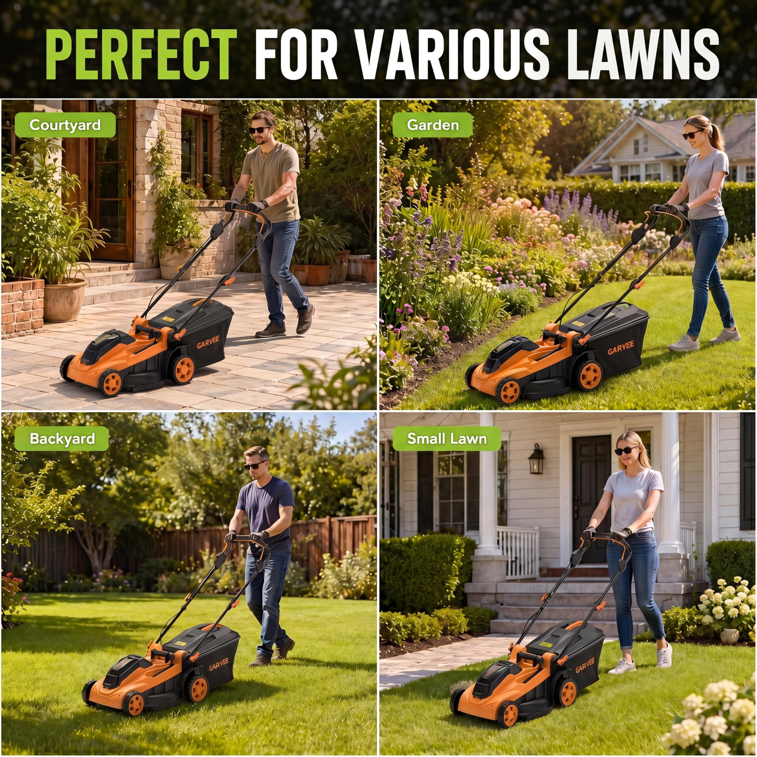 Sunvasagoo 40V Cordless Electric Push Lawn Mower, 17-Inch Cutting Deck, 6-Position Height Adjustment (Black/Orange, 17 in) yfljp