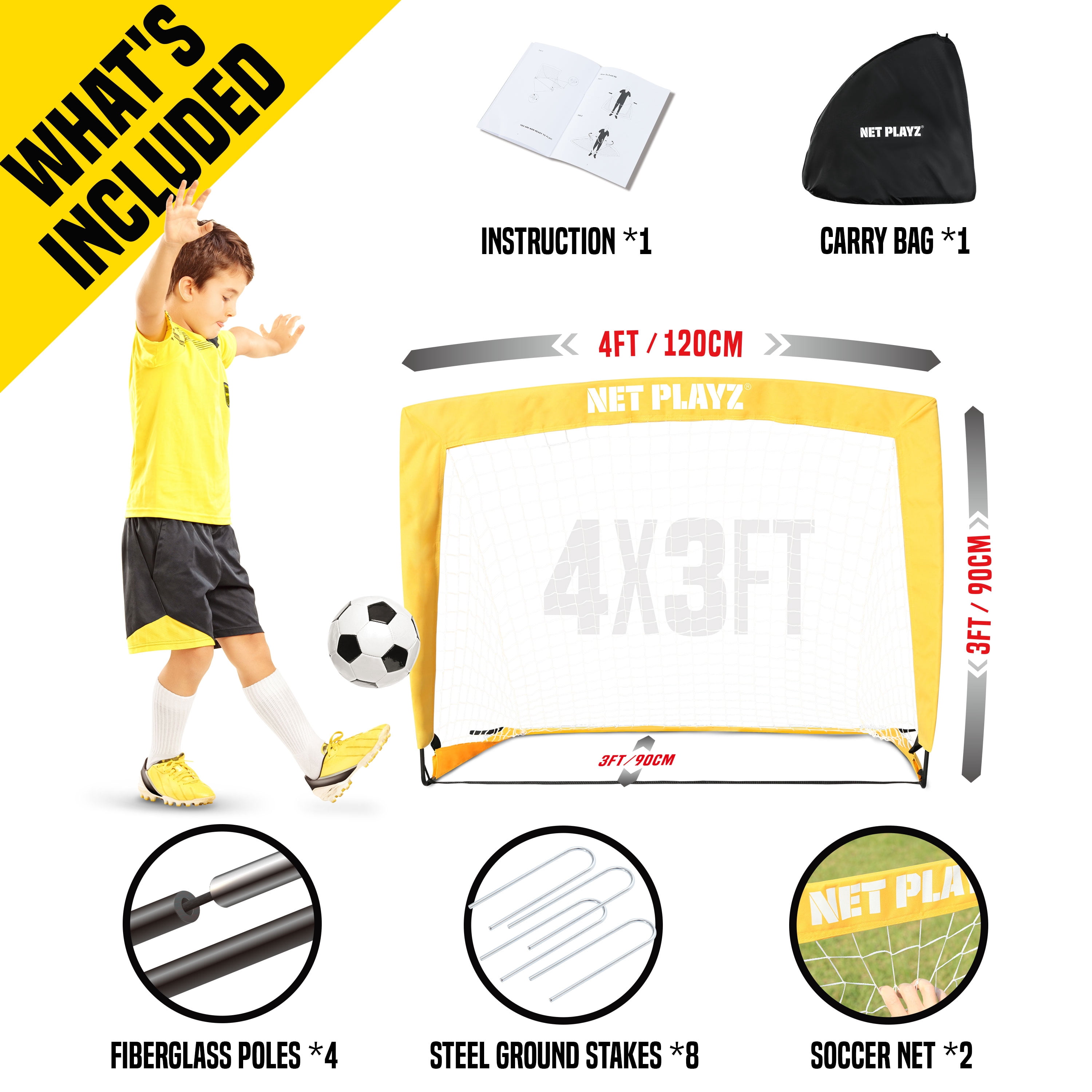 NET PLAYZ Pop-up Soccer Goal Net Set (Portable Backyard Sports Training Equipment, Yellow, Set of 2) 6t0yx