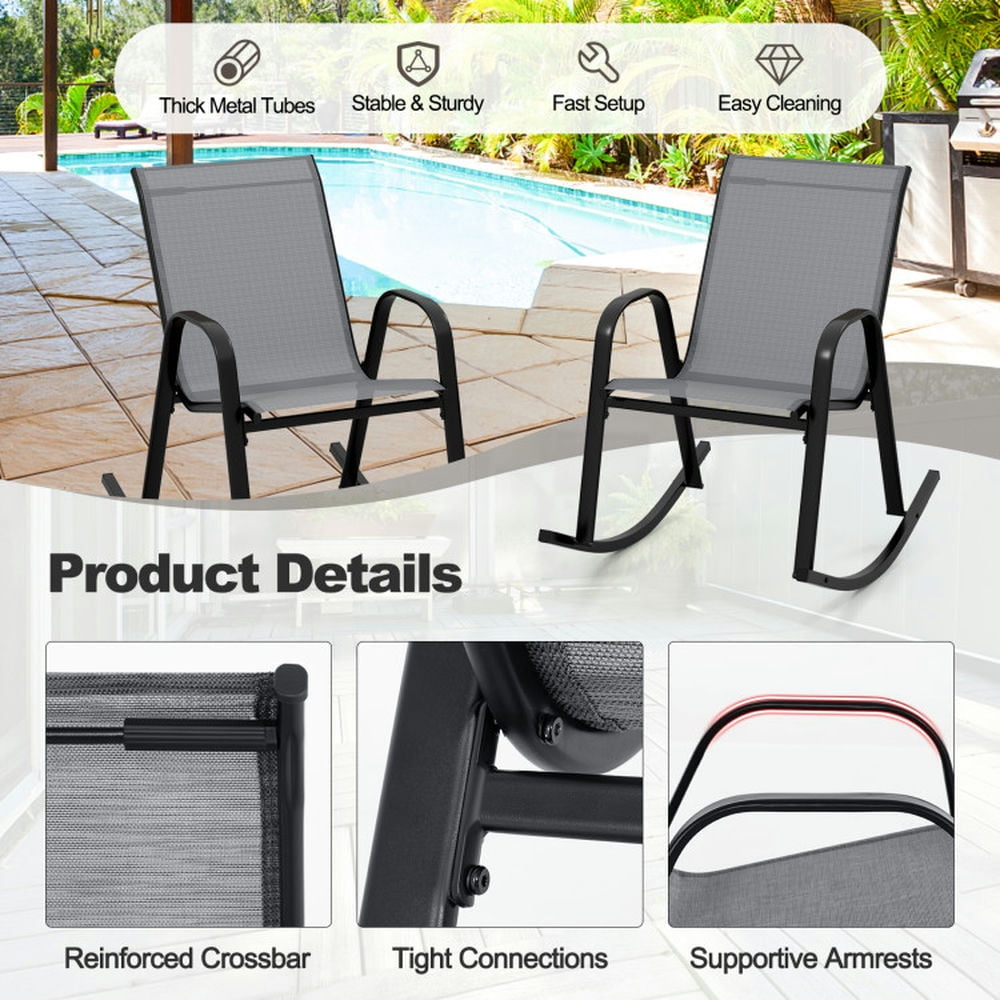 Spaco Heavy-Duty Metal Patio Rocking Chairs with Ergonomic Backrest and Breathable Fabric (Gray, Set of 2) 9zh32
