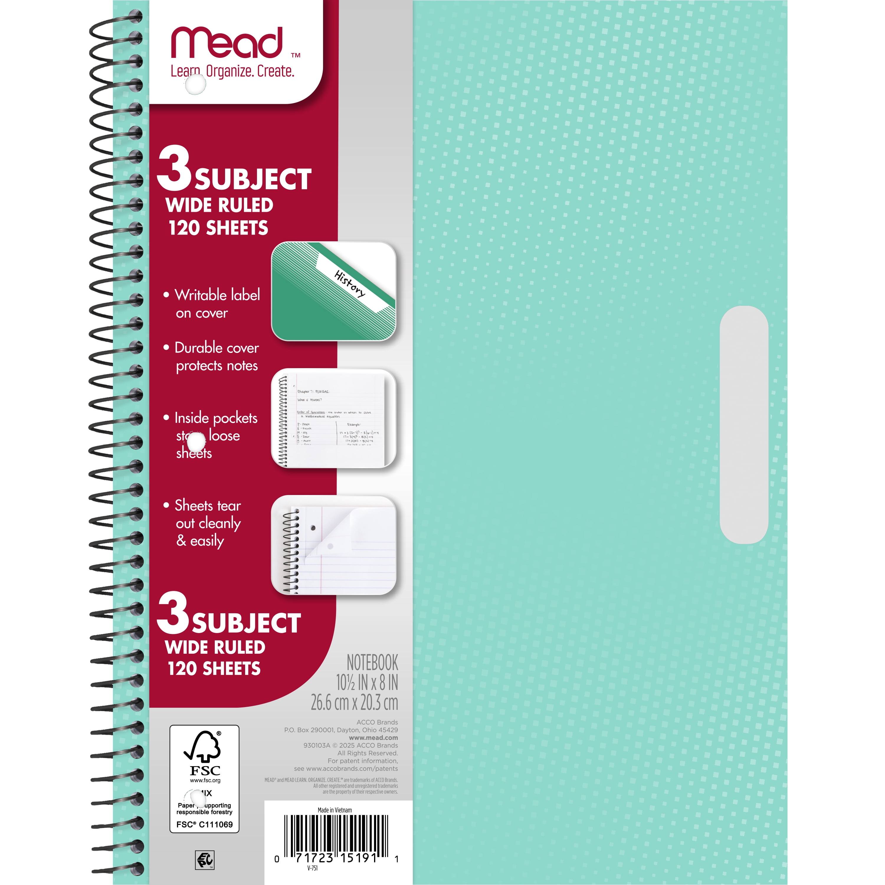 Mead 3 Subject Wide Ruled Spiral Notebook, Durable Poly Cover, Perforated Sheets (Pastel Green, 8 in x 10.5 in) s91ga