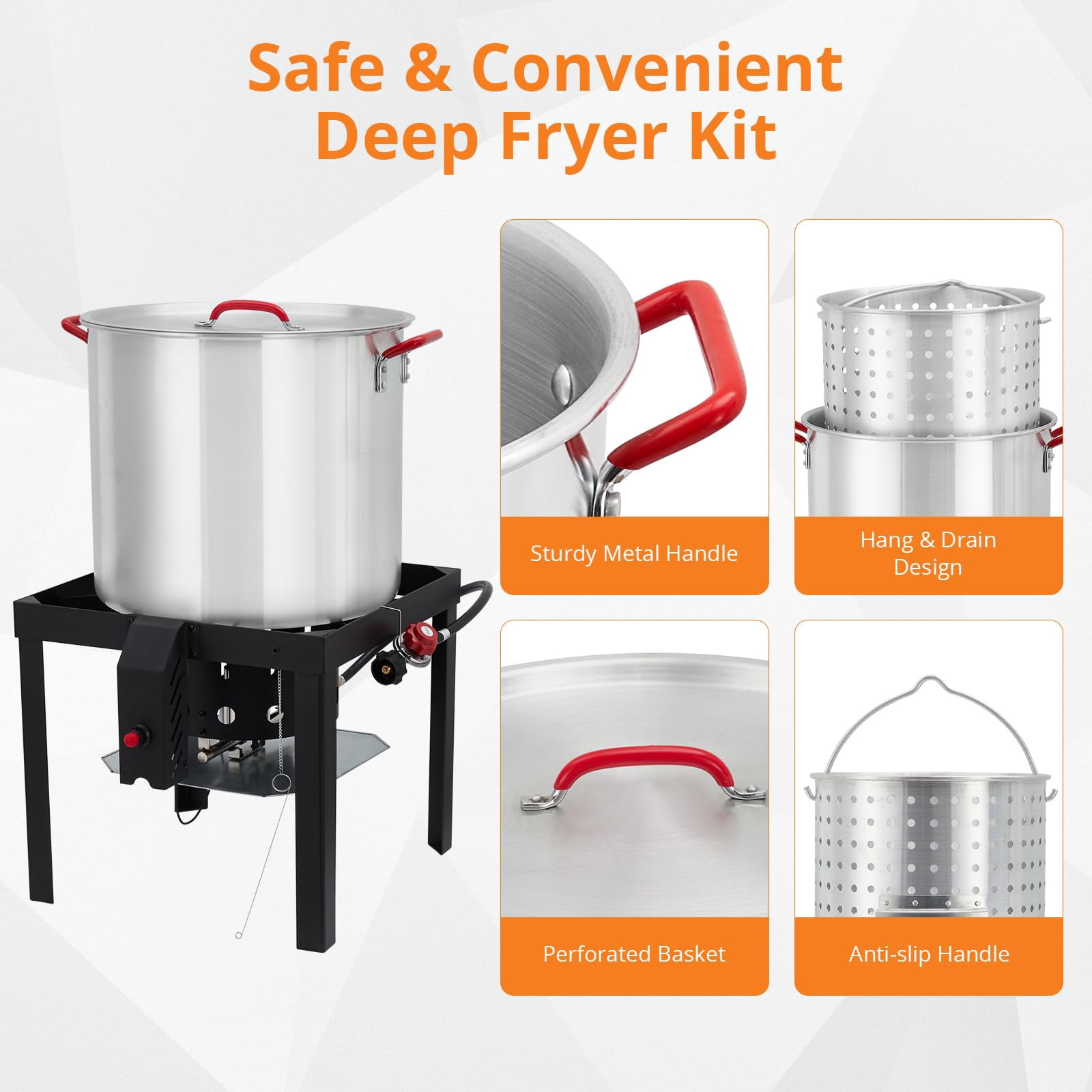 GymChoice 100 Qt Seafood Boil Pot Set with Propane Burner, Strainer Basket, and 10 PSI Regulator (Silver, 100 Qt) oxegd