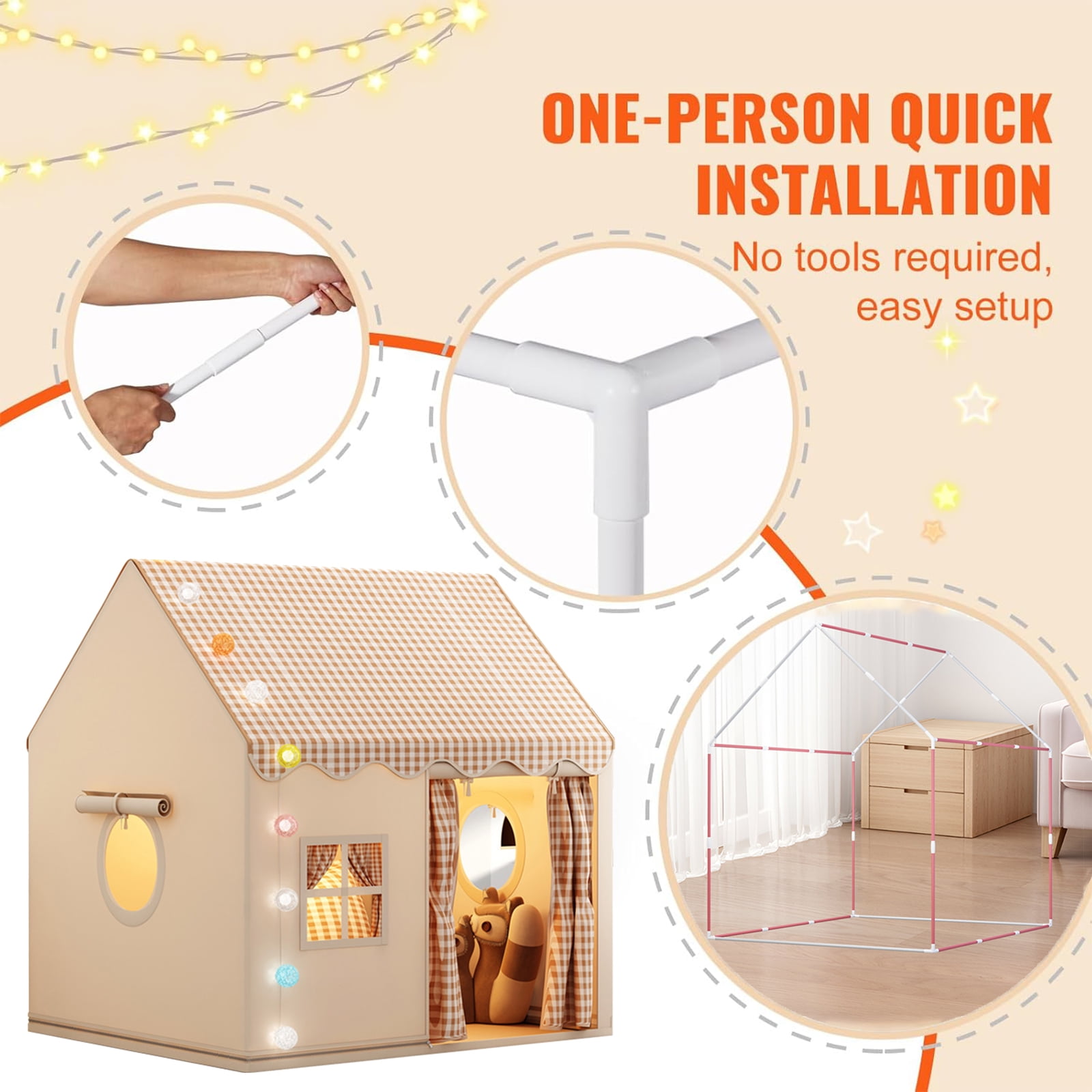 Cuopluber Kids Play Tent Indoor and Outdoor Playhouse with Lights (Brown, 50 in x 47 in x 41 in) dhkqp