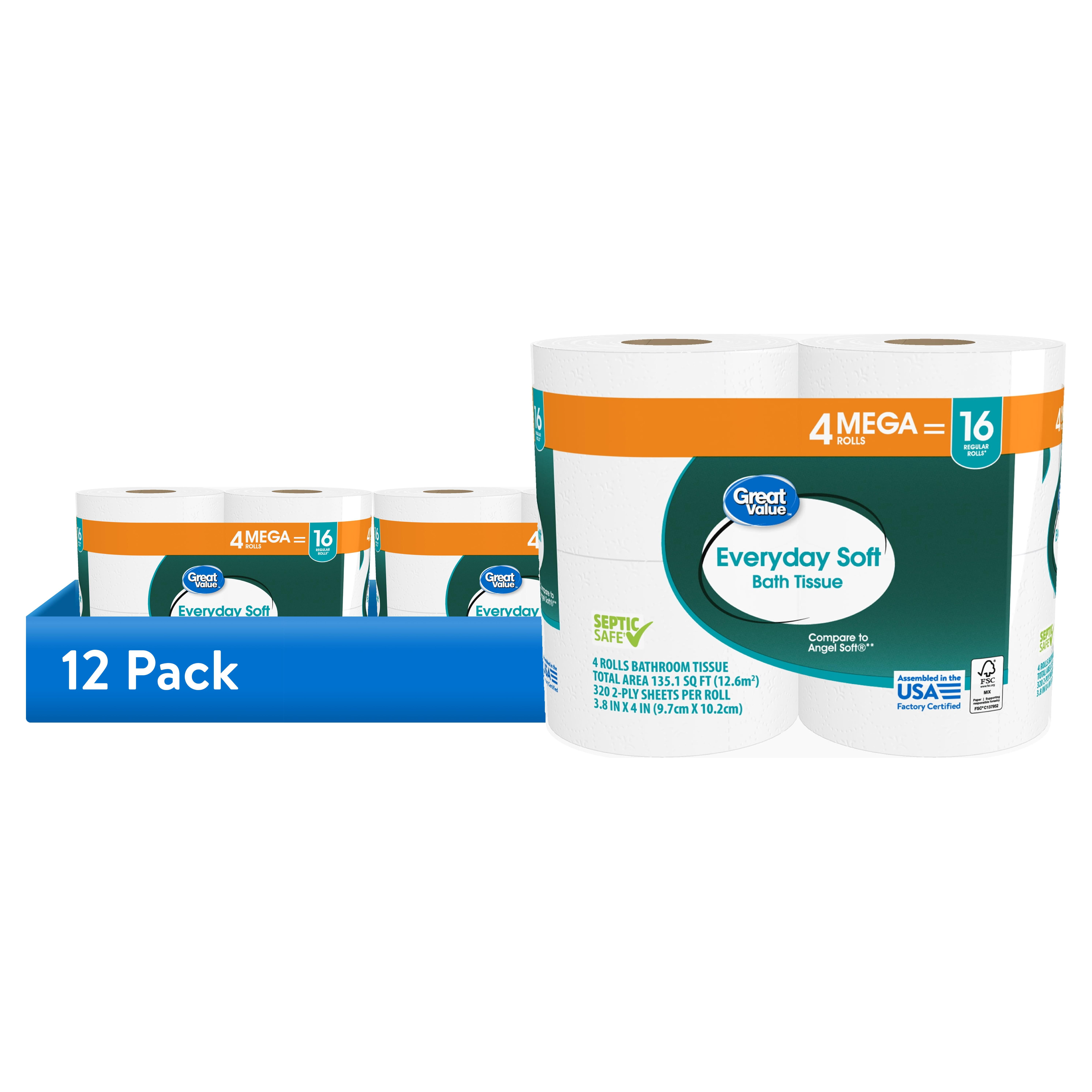Great Value Everyday Soft Bath Tissue, 2-Ply Mega Rolls (12 Pack, 48 Total Rolls) fd47m