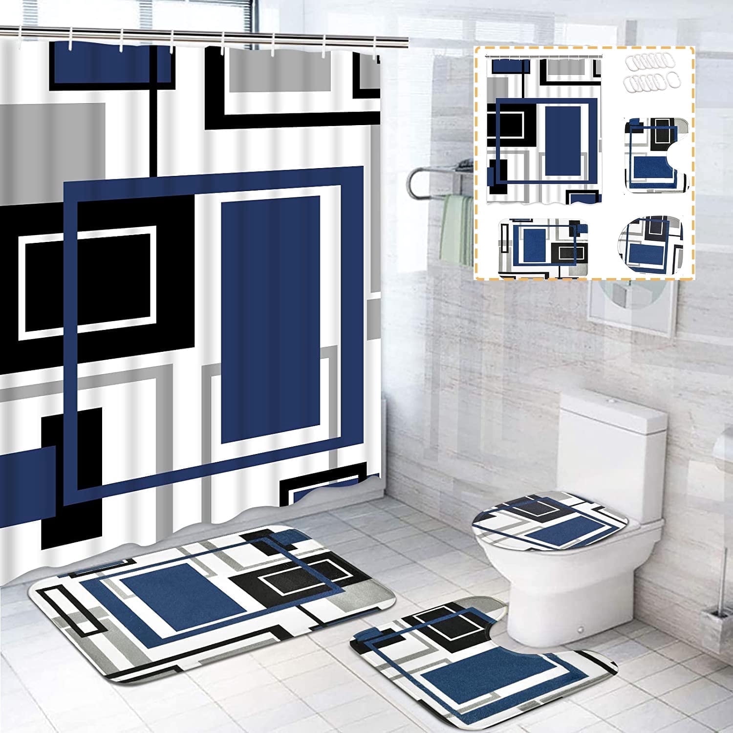FRAMICS Geometric Shower Curtain Set with Rugs and Hooks (Blue, 16 Piece Set) a301f