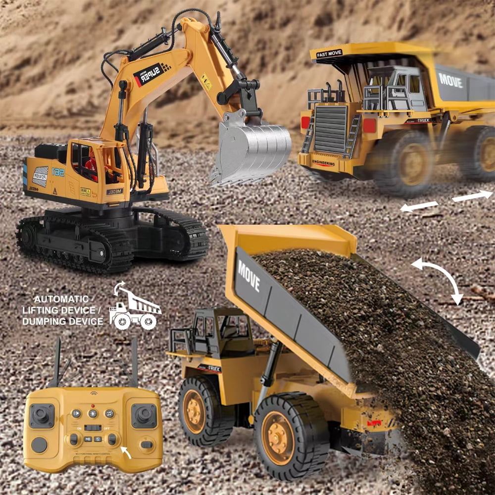 TZDZRC Remote Control Dump Truck 13 Channel 4WD RC Construction Vehicle with Lights and Sounds (Yellow, 2 Batteries) zuhxr