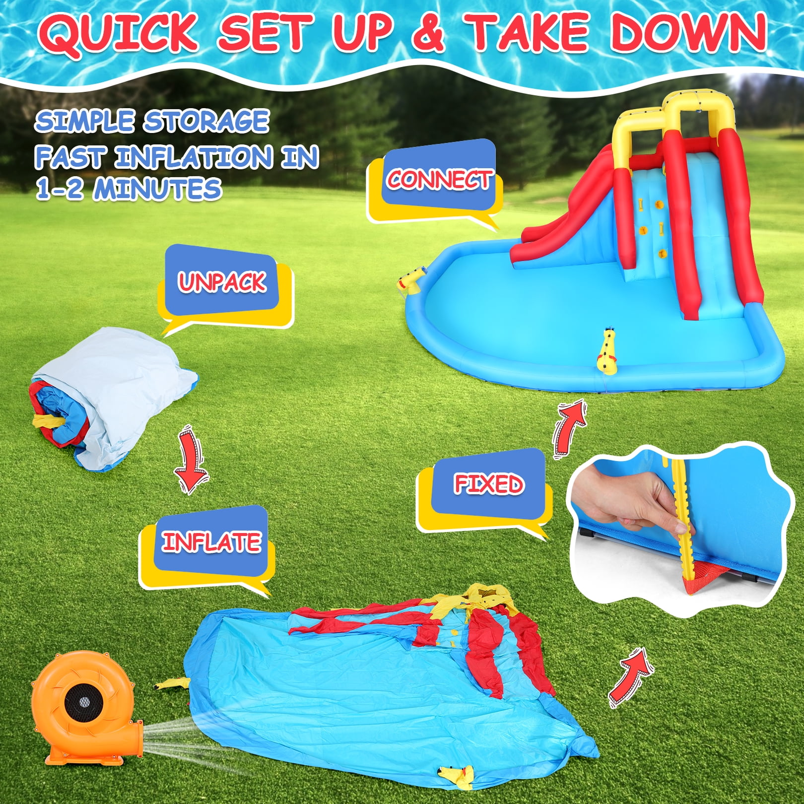 Veeboto Inflatable Water Slide Park with 440W Blower, Climbing Wall, Double Slides, and Splash Pool (Multicolor, 174 in x 152 in x 90 in) eocpf