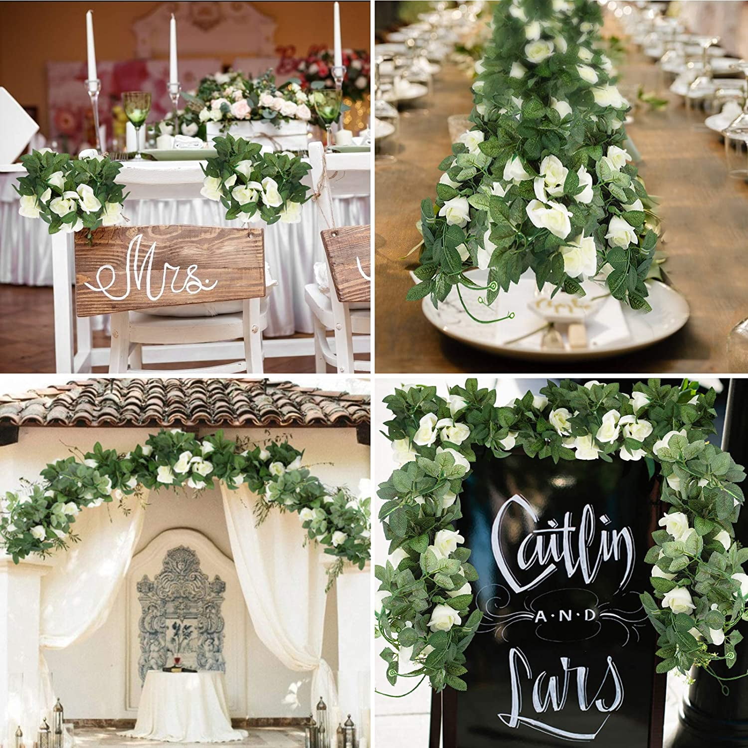 YOLETO Artificial Rose Vine Garland for Wedding and Home Decor (White, 2 Pack, 15 ft Total) m7188