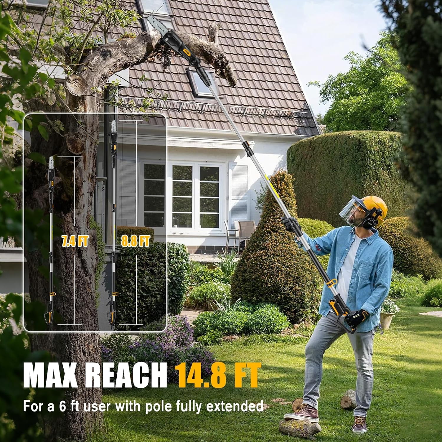 Generic Cordless Pole Saw for Dewalt 20V Max Battery, 14.8ft Reach Telescopic Electric Chainsaw with 4-Angle Adjustable Head (8 in, Tool Only) zgg36