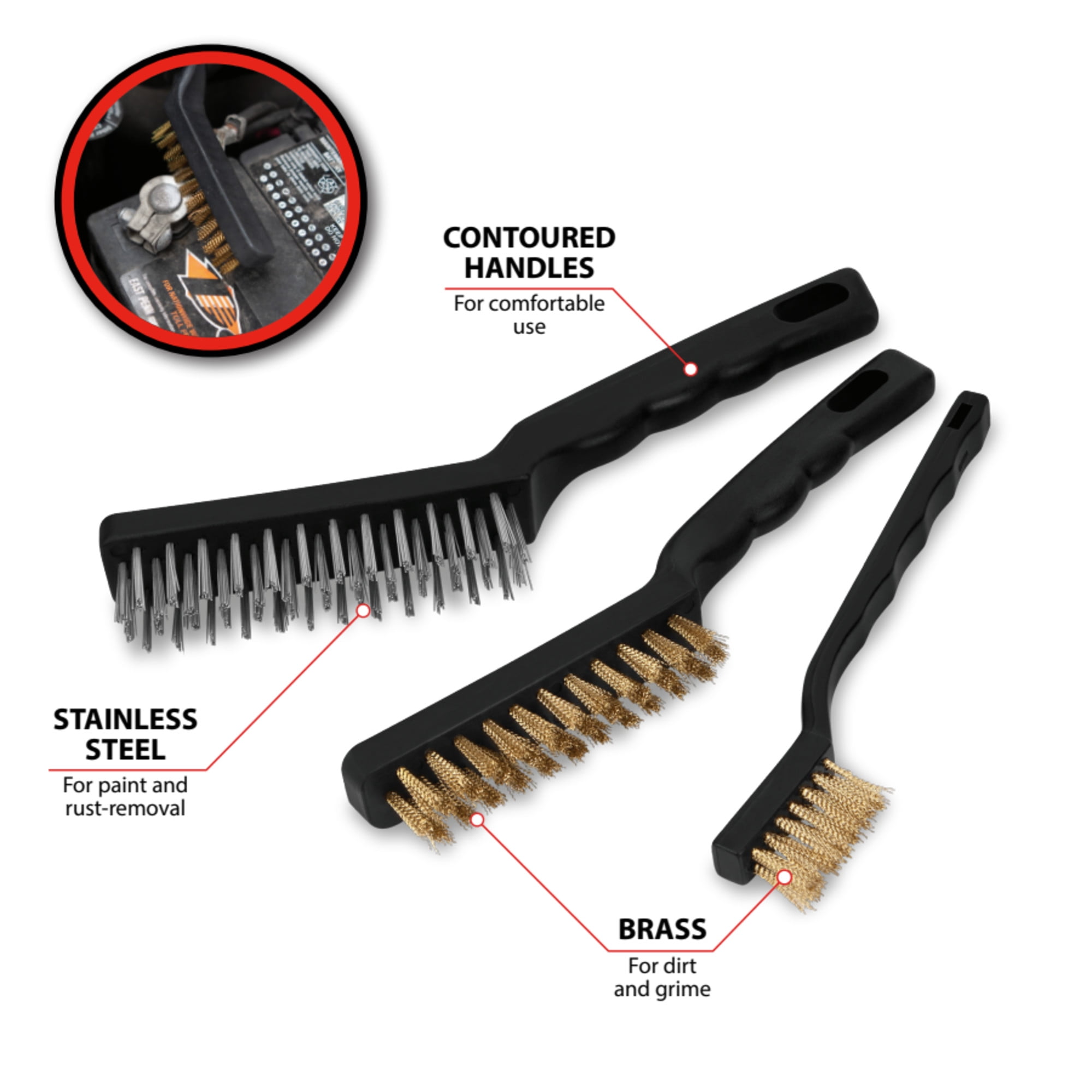 Performance Tool W1149 Wire Brush Set Heavy-Duty Cleaning Tool (Black, 3-Piece) ry3r8