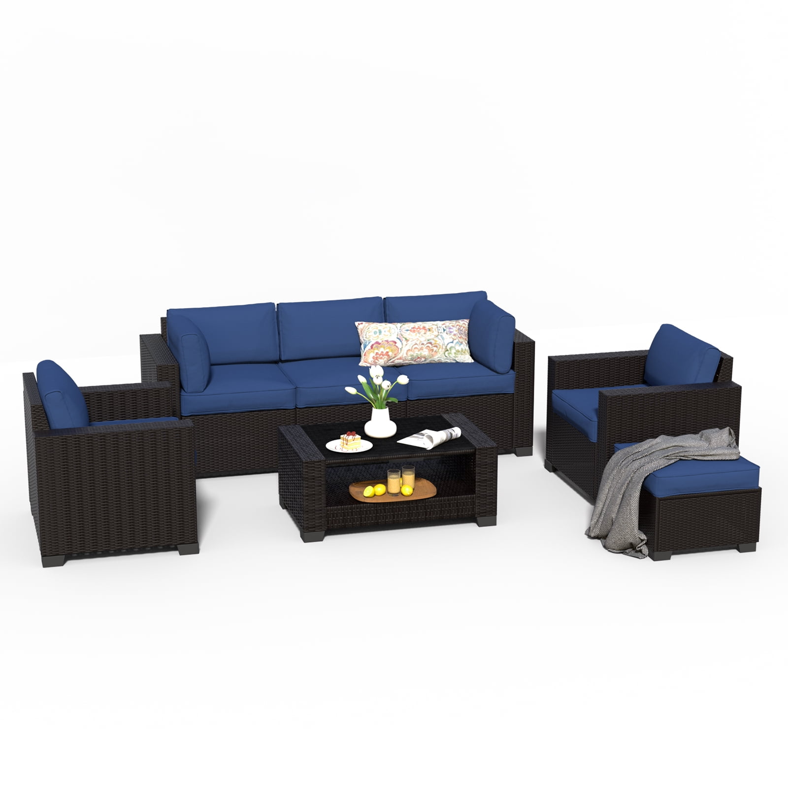 SHGJ&SOFT 7 Piece Patio Furniture Set, Wicker Outdoor Sectional Sofa with Tempered Glass Table (Black, 7 Piece Set) ej0jw