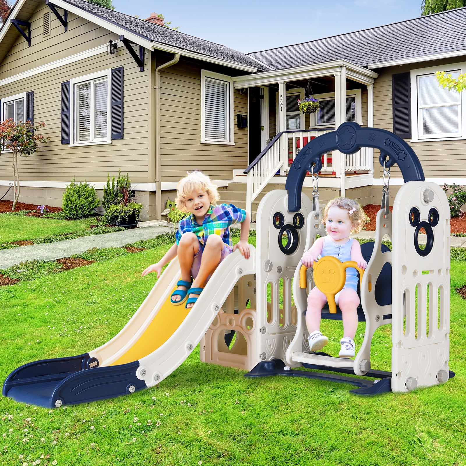 Arlopu Kids Slide and Swing Set, 5-in-1 Toddler Climber Playset with Basketball Hoop and Storage (Blue, 58.3 in x 58.7 in x 45.3 in) opnp5