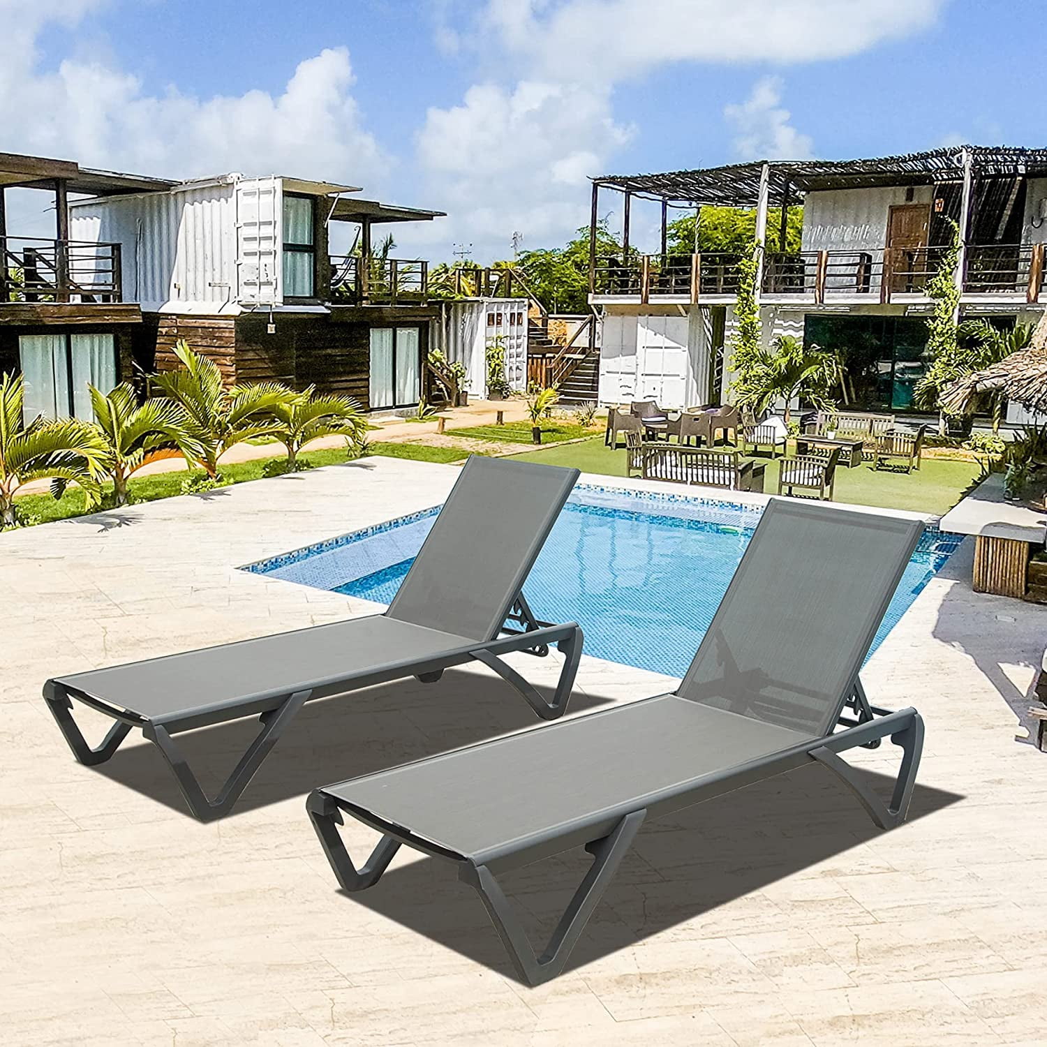 Domi Outdoor Living Adjustable Chaise Lounge Chairs with Wheels (Grey, Set of 2) w9j23