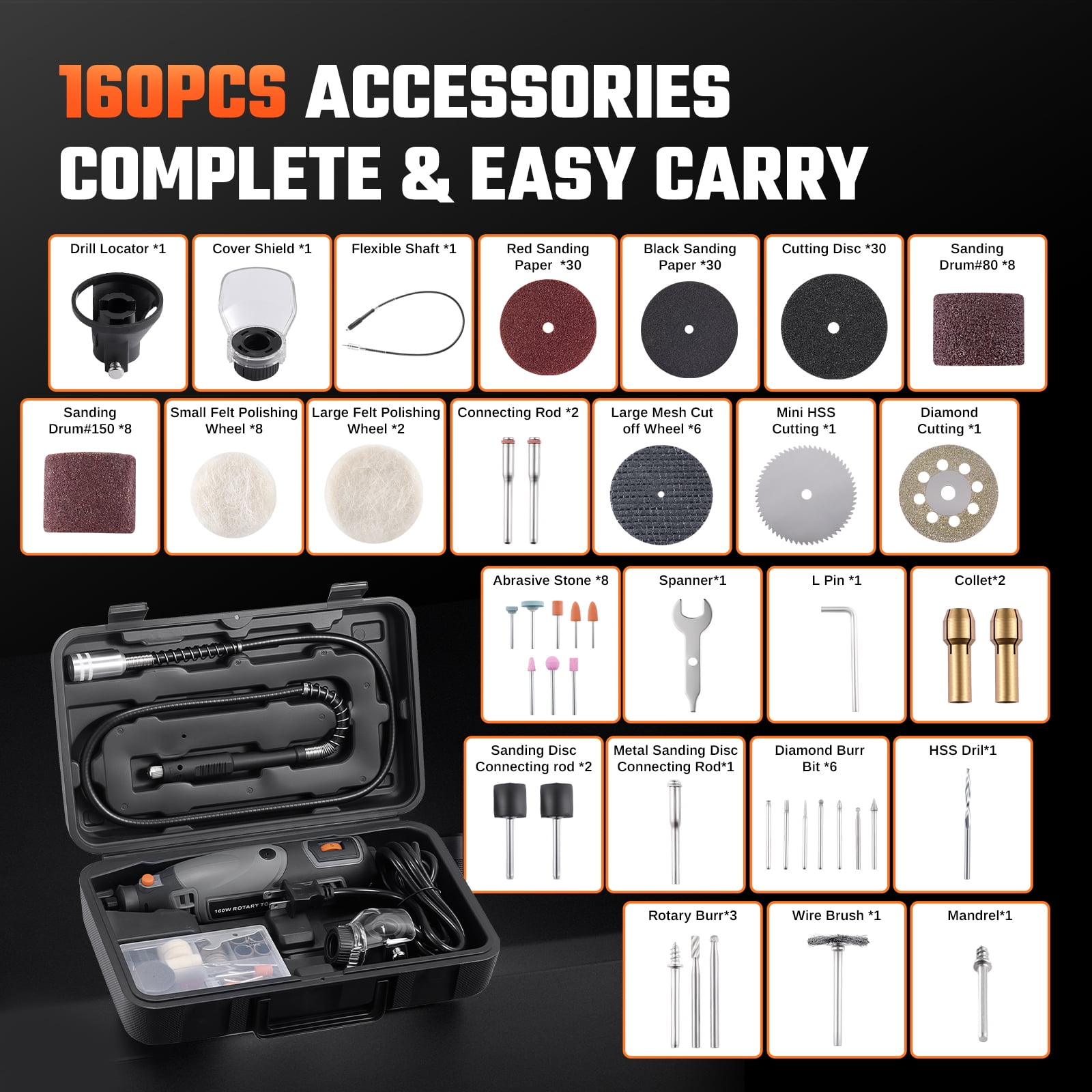 SPBTAR Rotary Tool Kit, 160W Corded Electric Drill Set with 160 Accessories and Flex Shaft (Black, 160-Piece Set) oope7