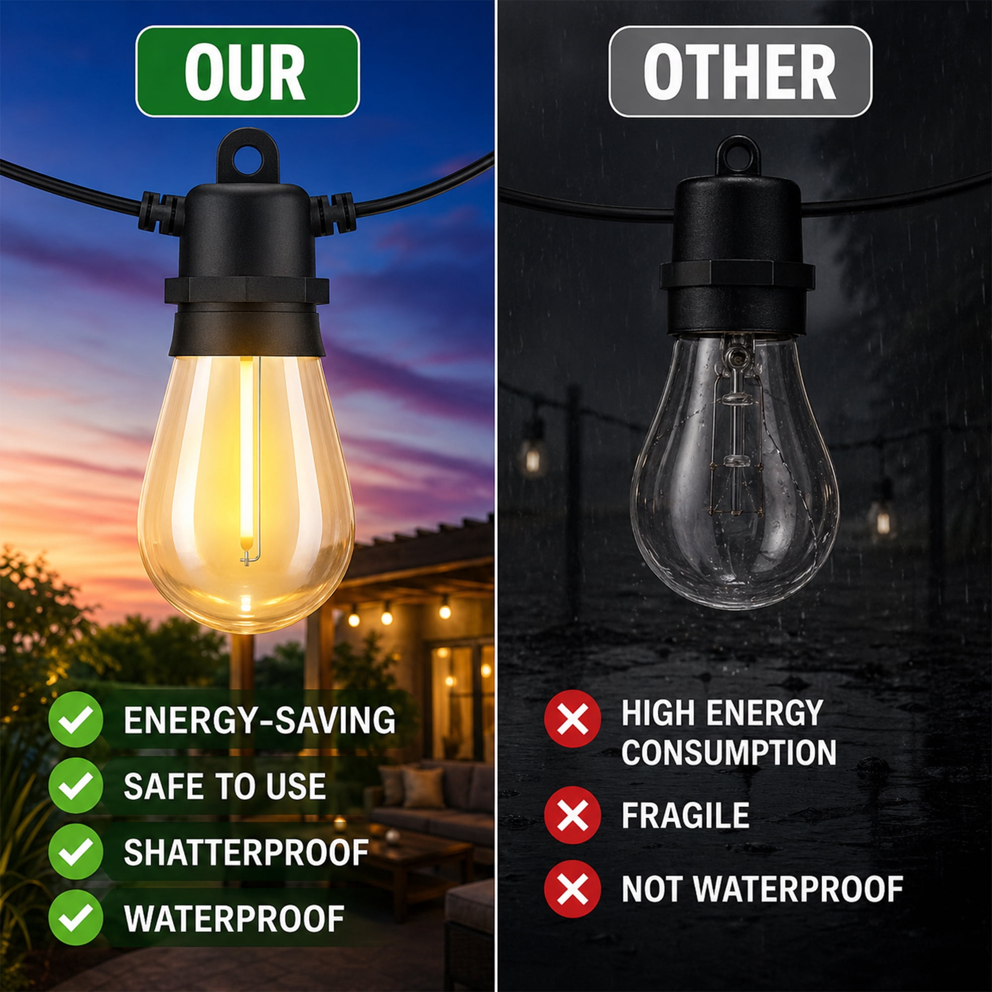 DAYBETTER S14 LED Outdoor String Lights, Waterproof Hanging Edison Bulbs for Patio and Garden (Warm White, 100 ft) x6ceb
