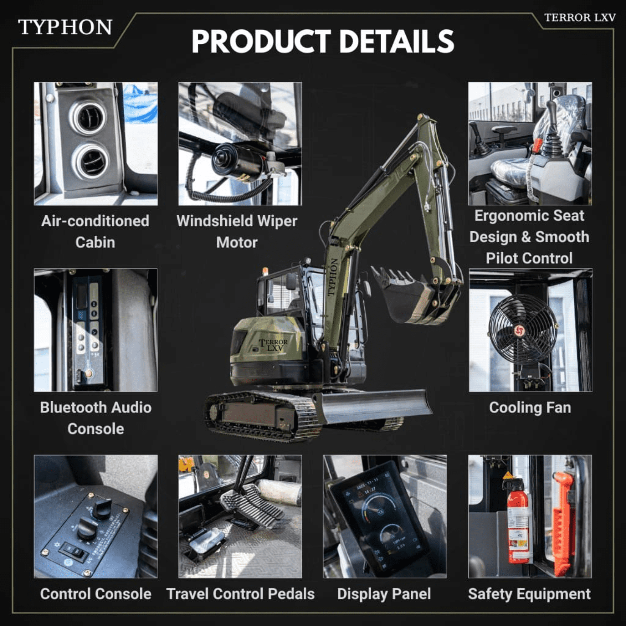 TYPHON TERROR LXV 6.6-Ton Excavator with Kubota V2607 Diesel Engine (56.9 HP, Enclosed Cab) gx0hq