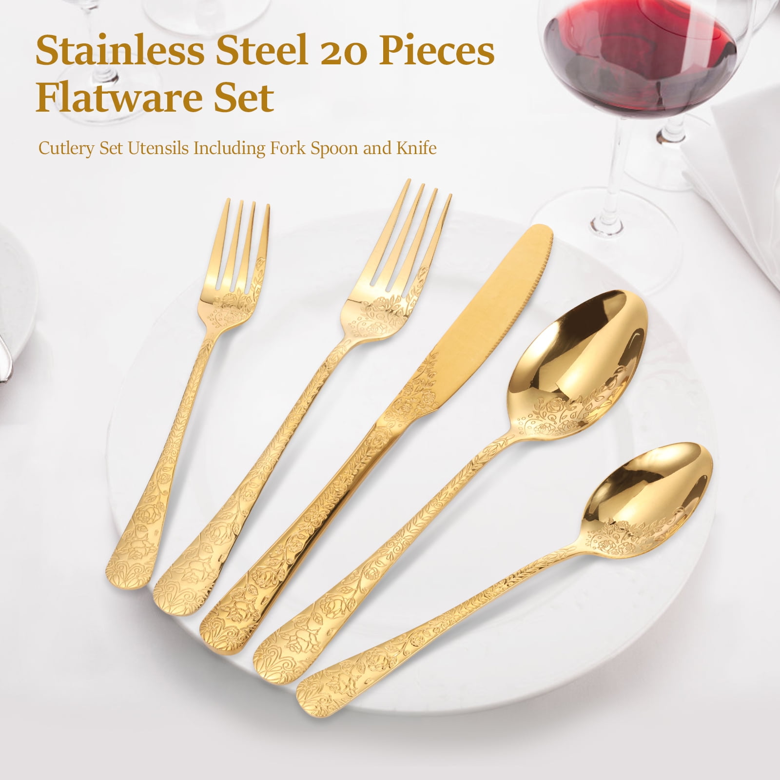 Jetcloudlive 20-Piece Floral Stainless Steel Flatware Set, Vintage Mirror Polished Cutlery for 4 (Gold, 20-Piece) 7d3kh