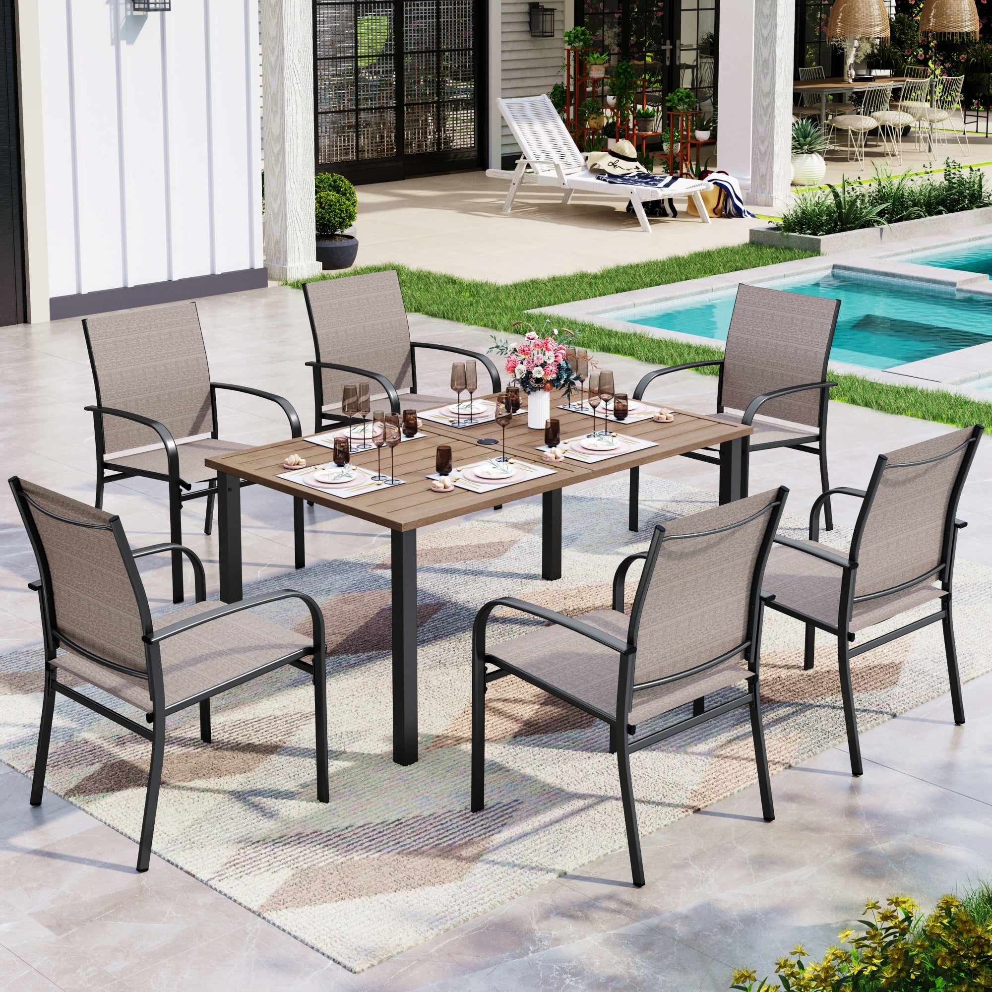 Sophia & William 7-Piece Outdoor Patio Dining Set (Brown, 60 in Table with 6 Textilene Chairs) lw716