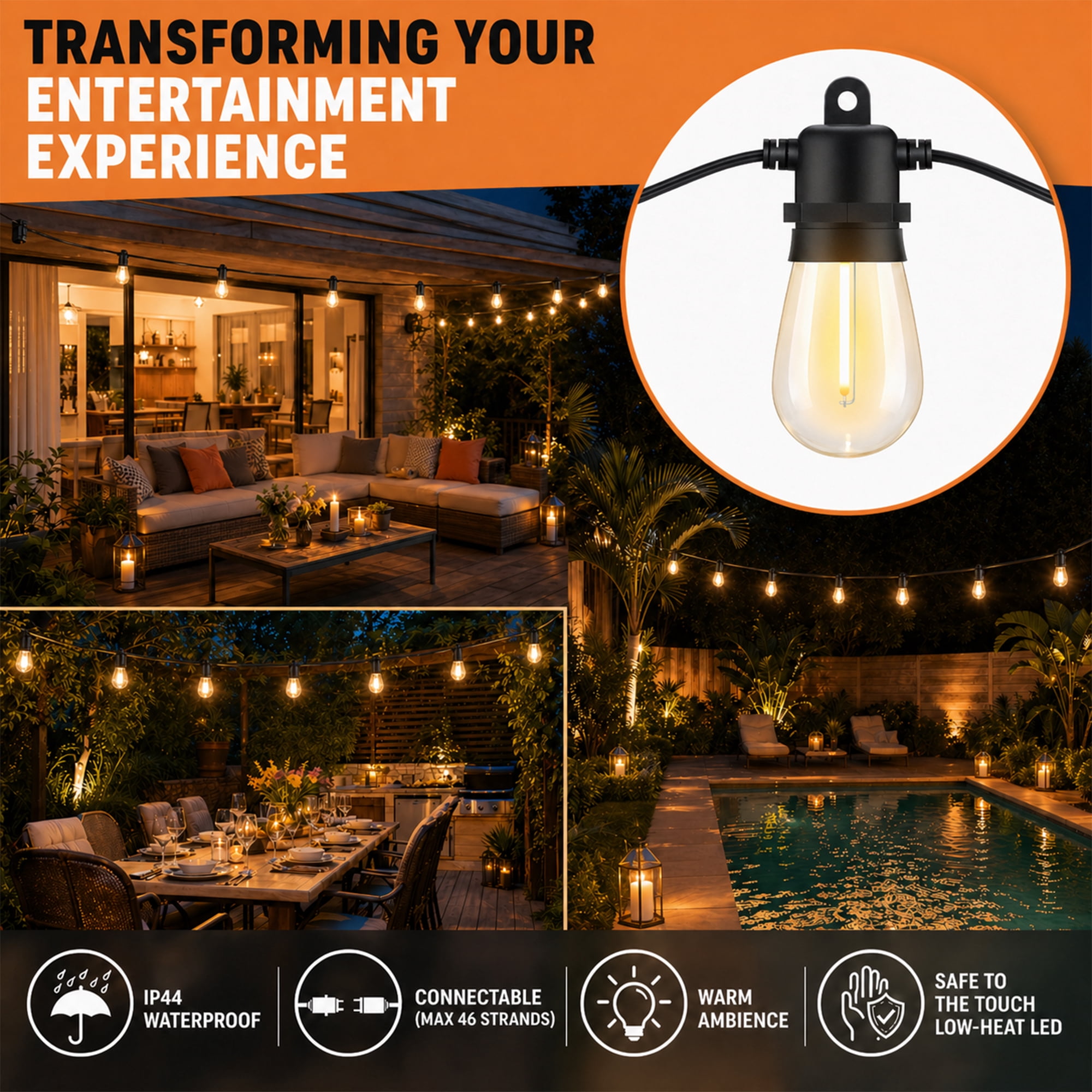 DAYBETTER S14 LED Outdoor String Lights, Waterproof Hanging Edison Bulbs for Patio and Garden (Warm White, 100 ft) x6ceb