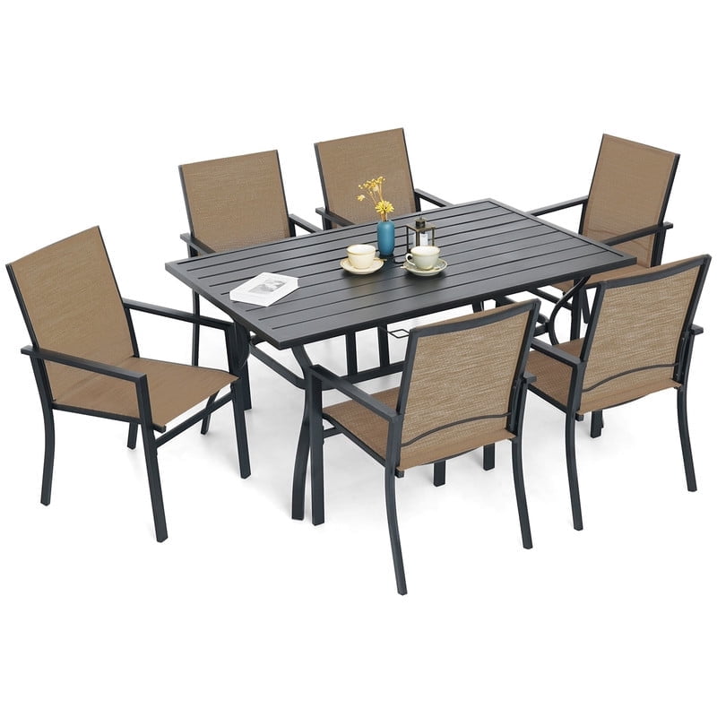 Anmutig 7-Piece Outdoor Patio Dining Set with 60 in x 38 in Steel Slat Table and 6 Stackable Chairs (Black) f4sbl
