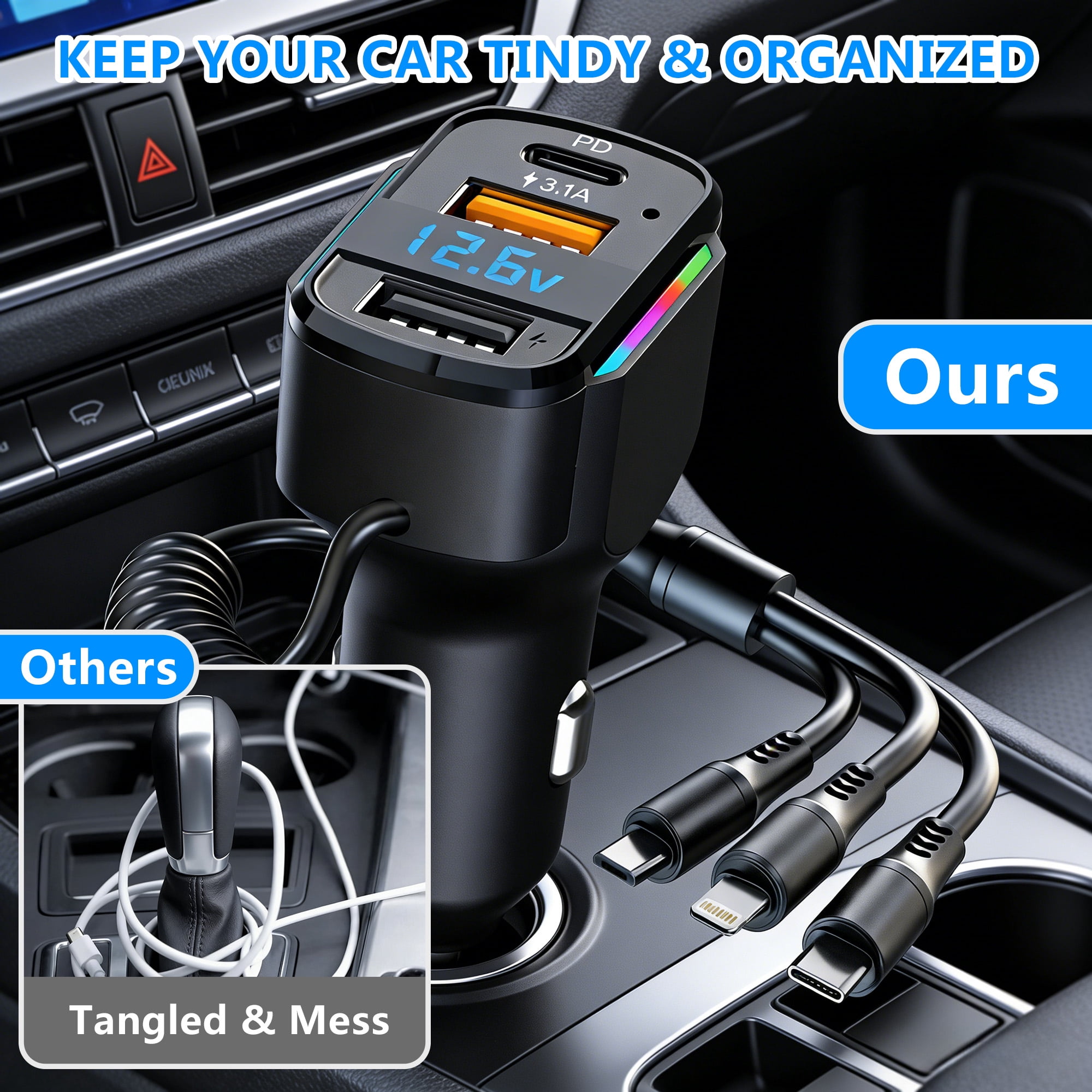 DAYBETTER 6-in-1 USB C Car Charger, 65W Fast Charging PD & QC 3.0 Adapter with 4ft Retractable Cables (Black) 1y7r4