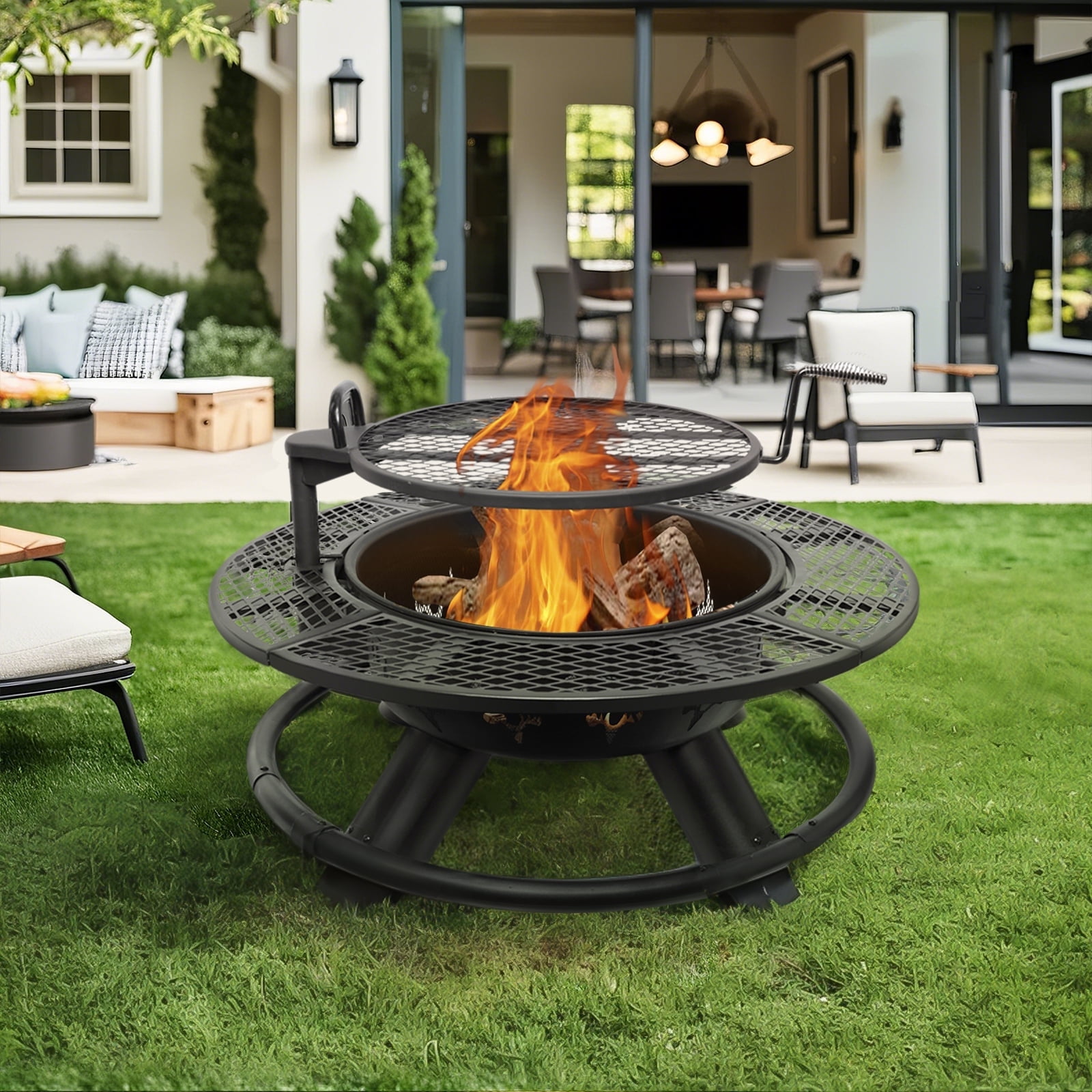 Bestier 47 in Outdoor Wood Burning Fire Pit with Swivel Grill Grate (Black, 47 in) elp2h