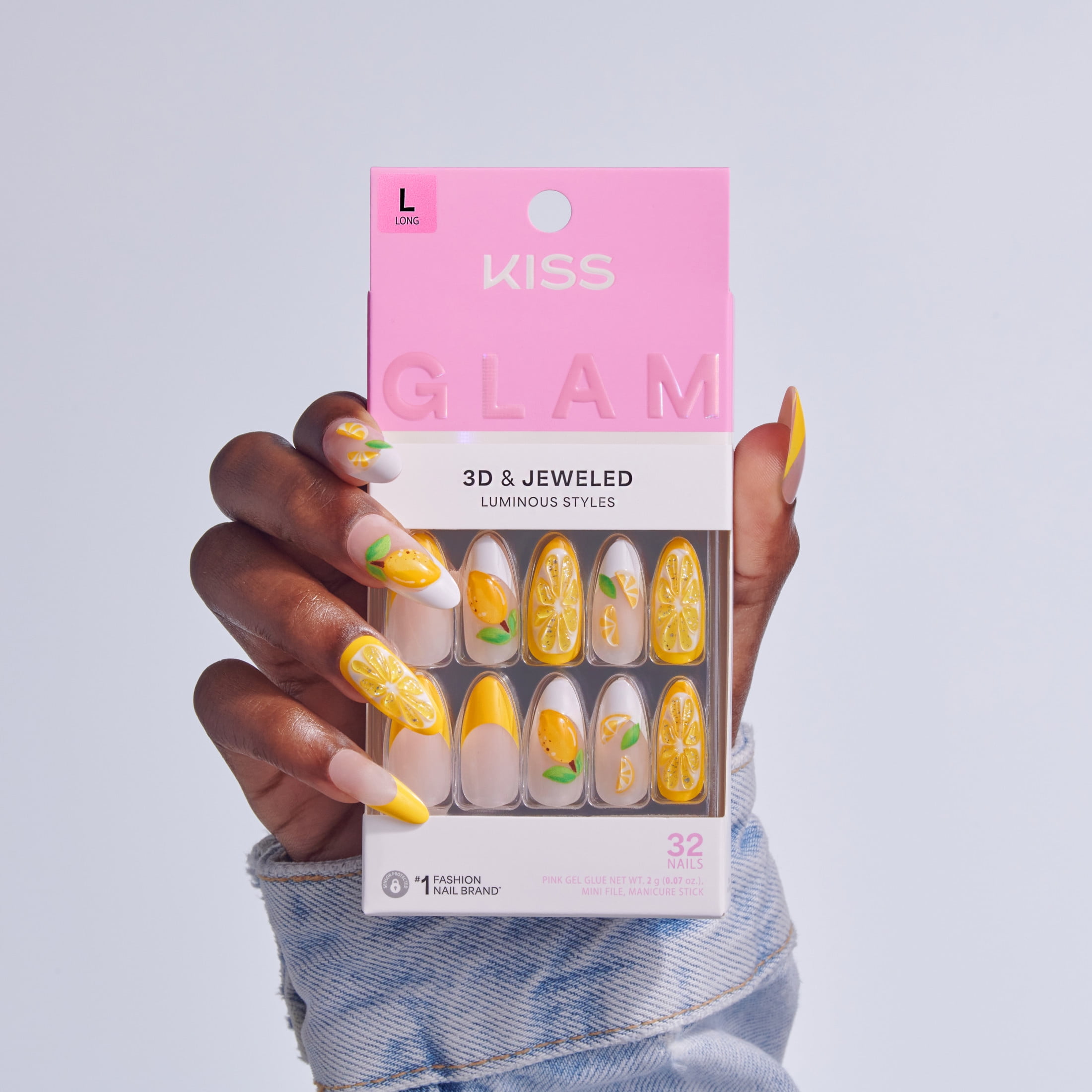 Kiss Glam 3D & Jeweled Long Almond Press-On Nails (Yellow, 32 Pieces) pd7tg